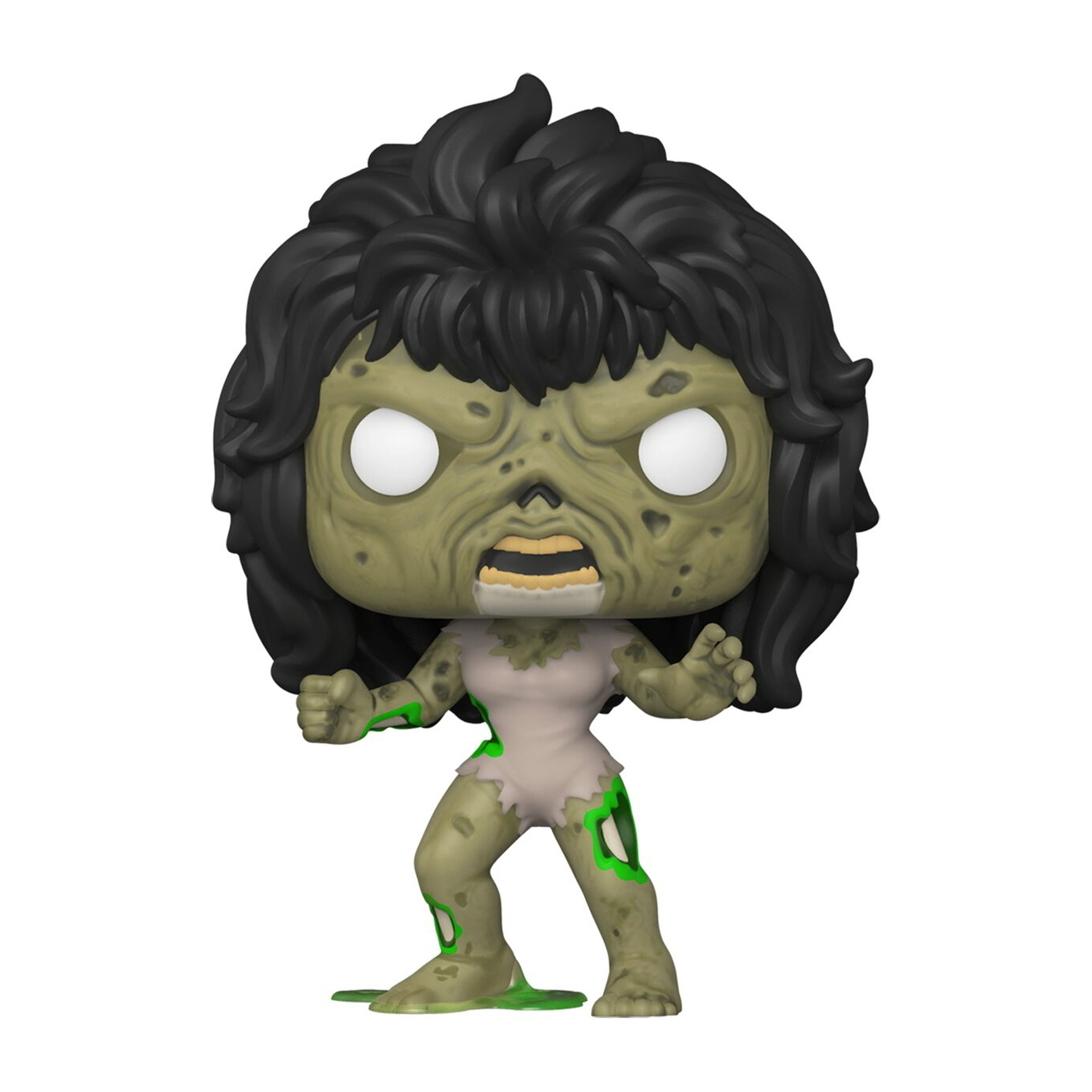 Eine Zombie-Funko Pop Figur. Sie ist grün mit schwarzen Haaren und einem zerfetzten Outfit.