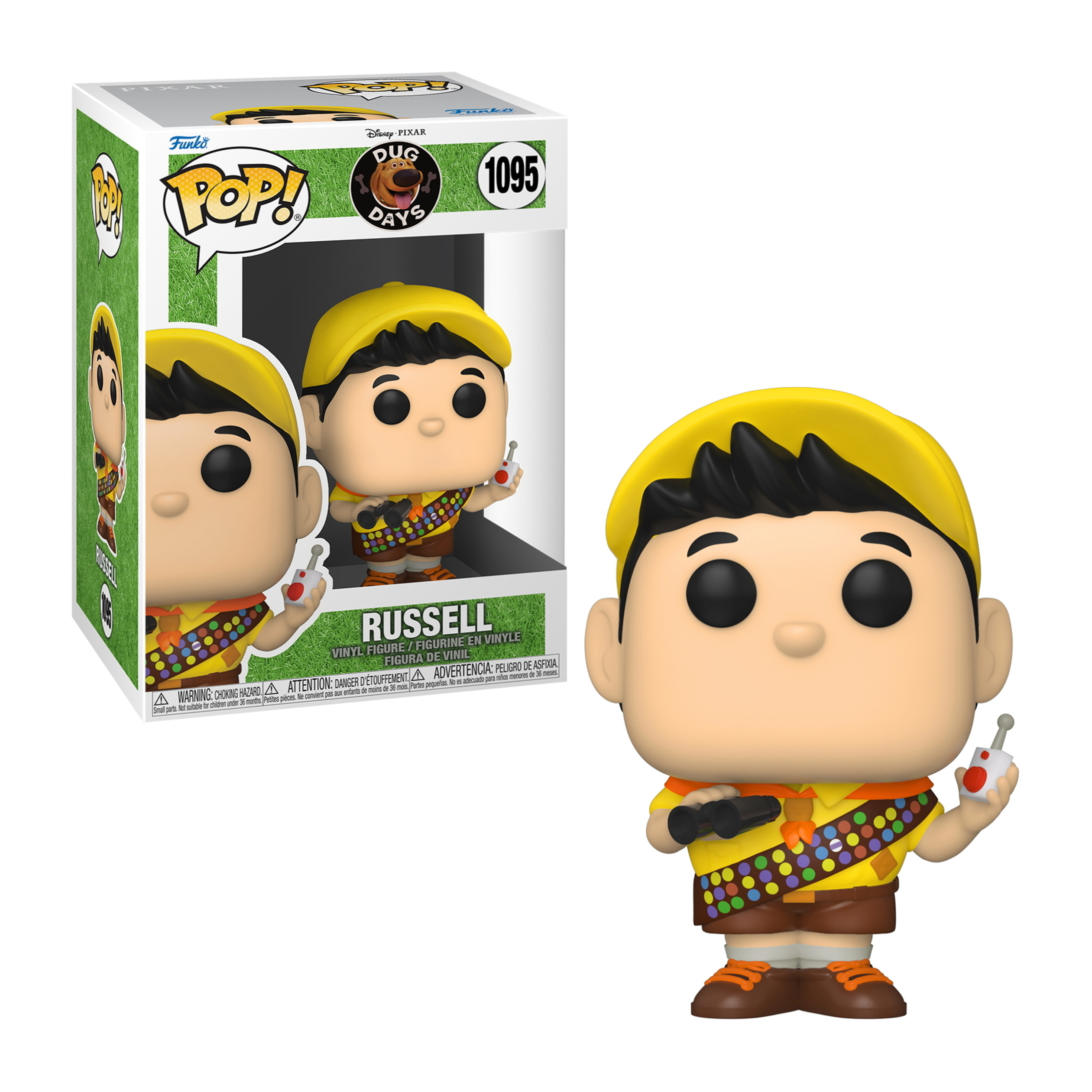 Eine Funko Pop Figur von Russell aus dem Film Oben, mit einem roten Gerät und einer Box im Hintergrund.