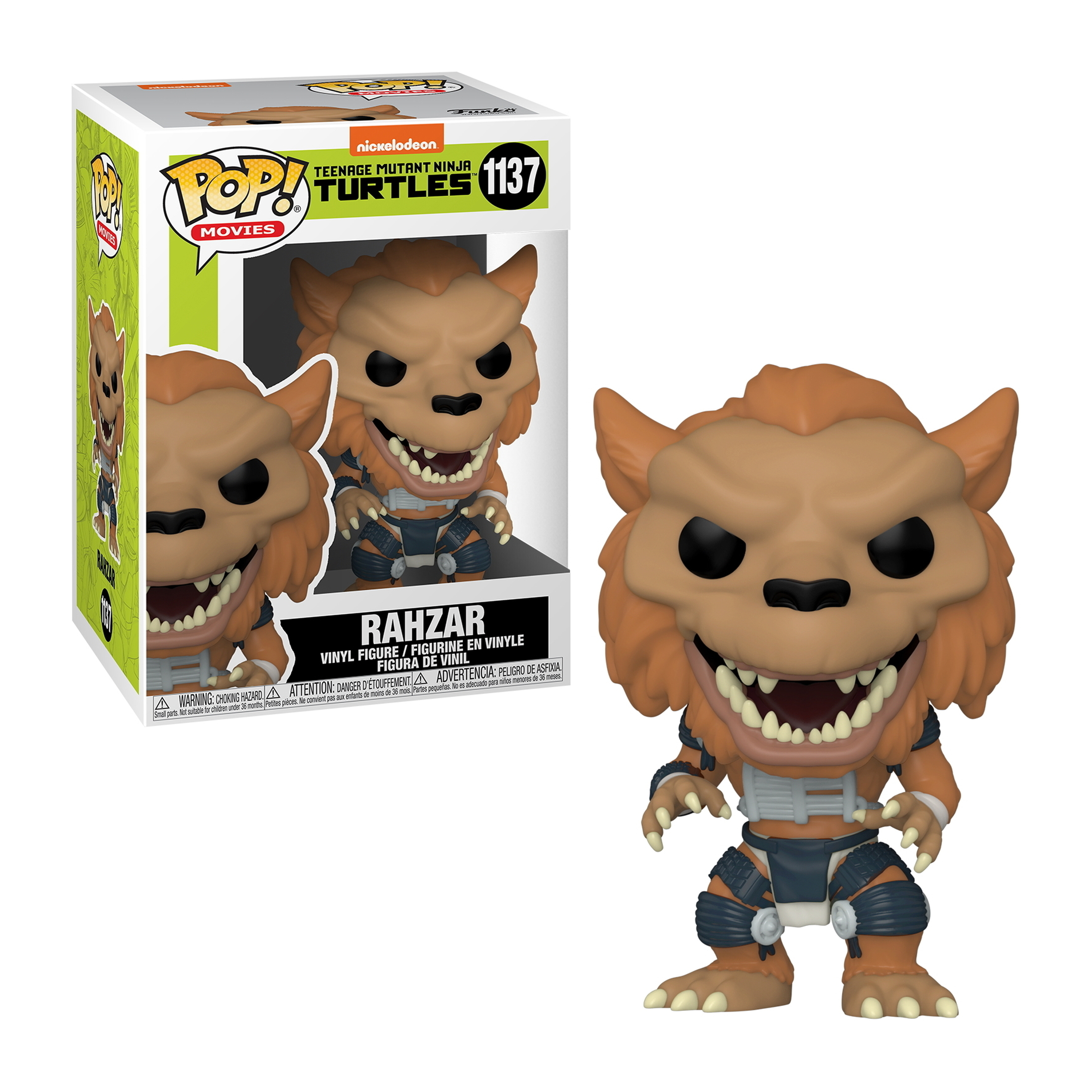 Figura Rahzar Funko Pop. Es un personaje de las Tortugas Ninja en una caja con un logo.