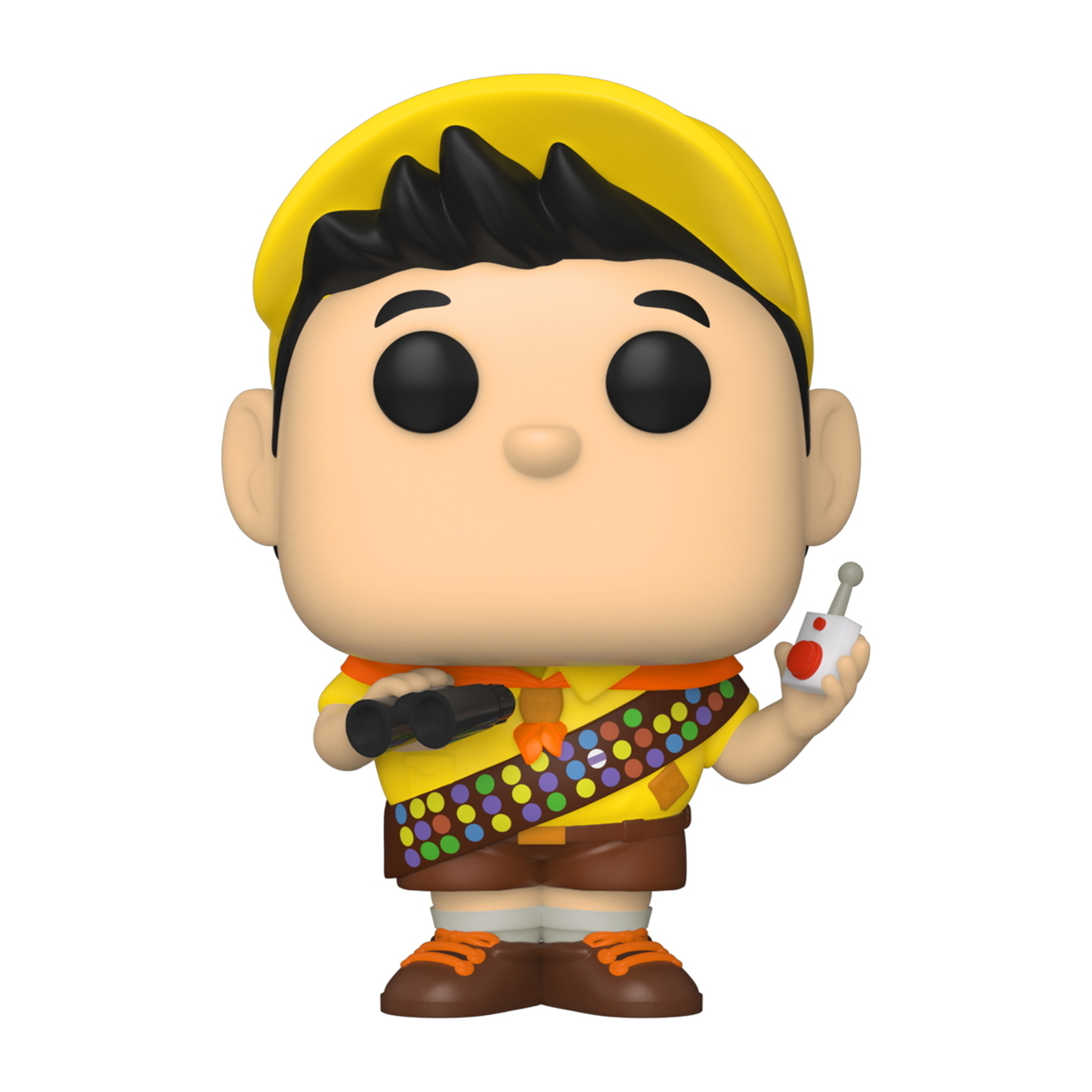 Funko Pop Figur von Russel aus Oben. Er trägt eine gelbe Uniform mit Fernglas.