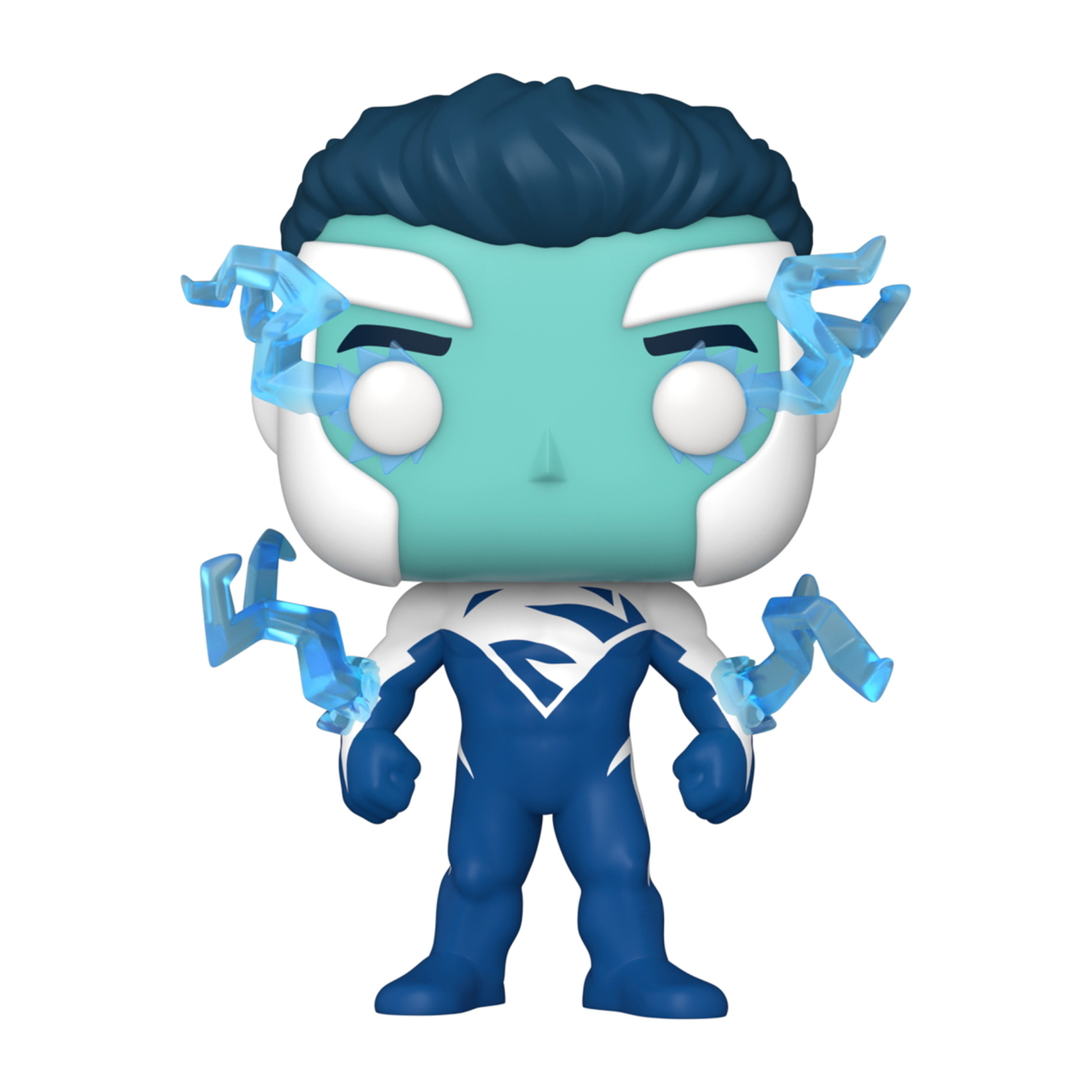 Figura Funko Pop di Static Shock con effetti di elettricità blu intorno a mani e testa.
