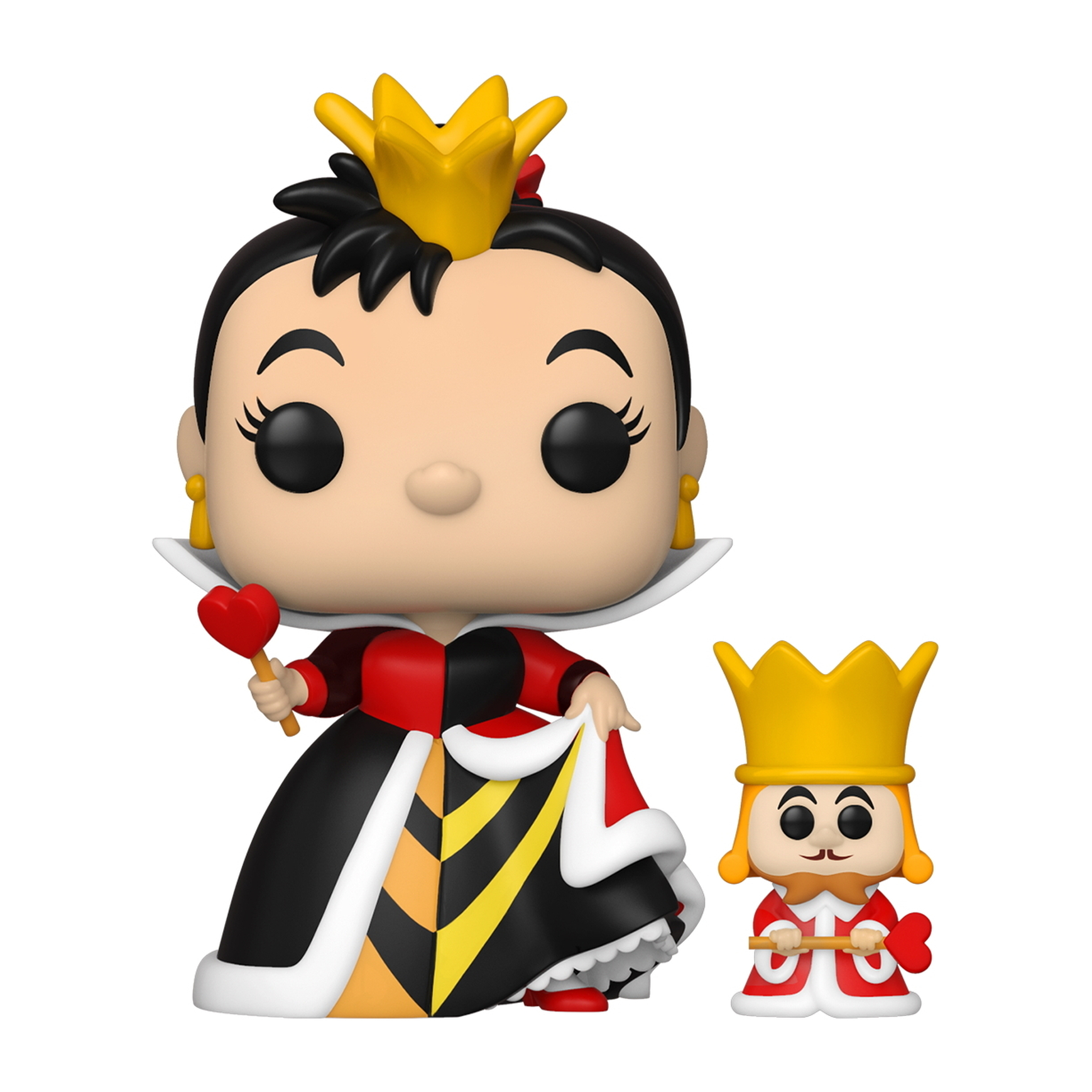 Figura Funko Pop della Regina di Cuori con un cuore, con mini figura del re.