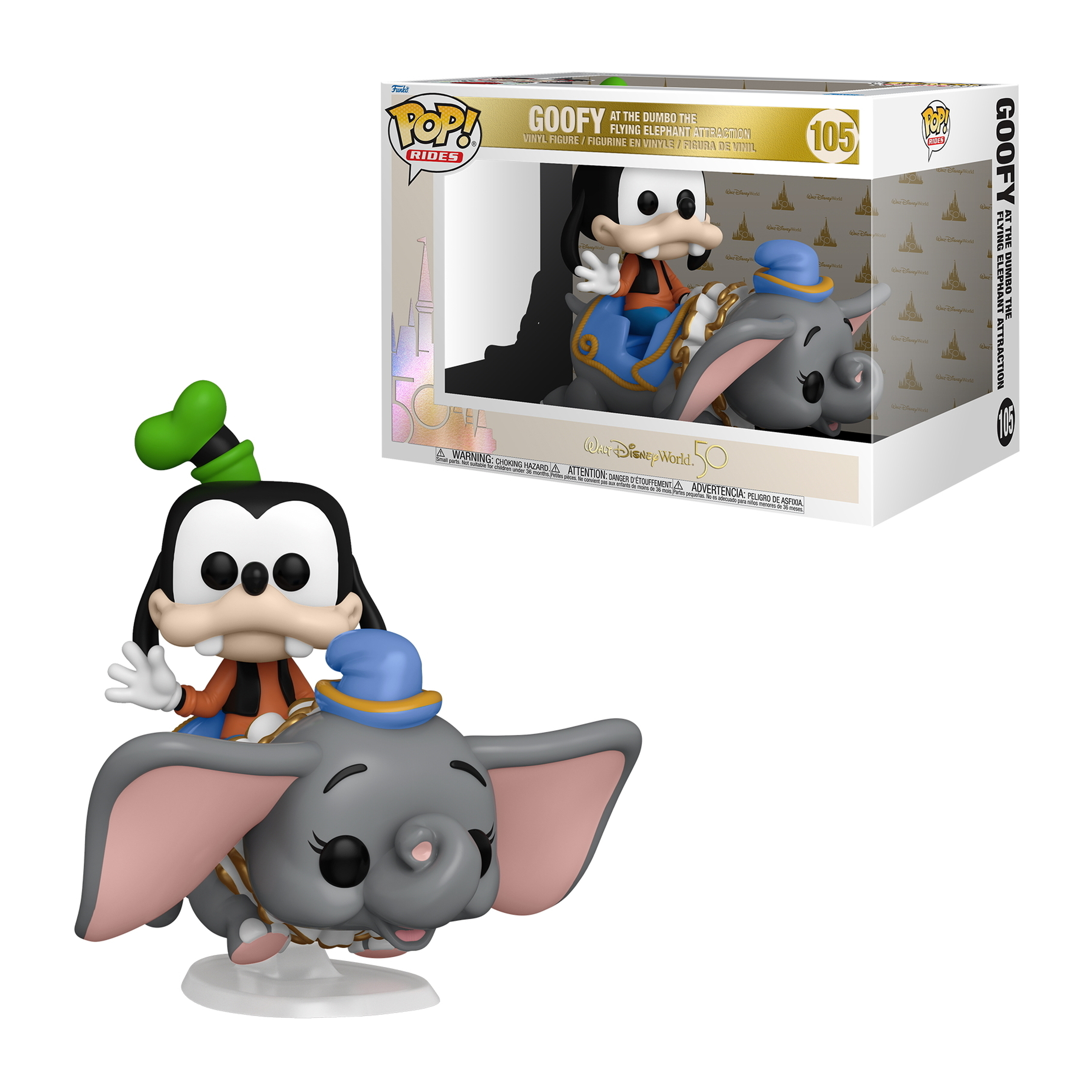 Figura Funko Pop de Goofy y Dumbo. Goofy con gorro azul en Dumbo volador.