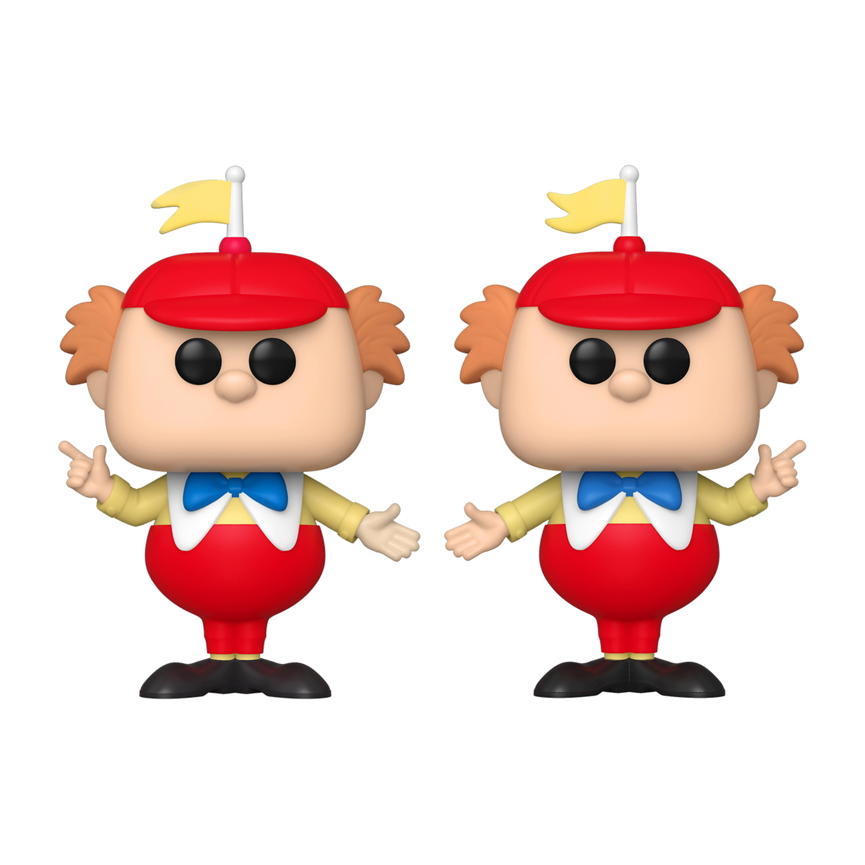 Due figure Funko Pop di un clown con cappello rosso, camicia gialla e papillon blu, sfondo bianco.