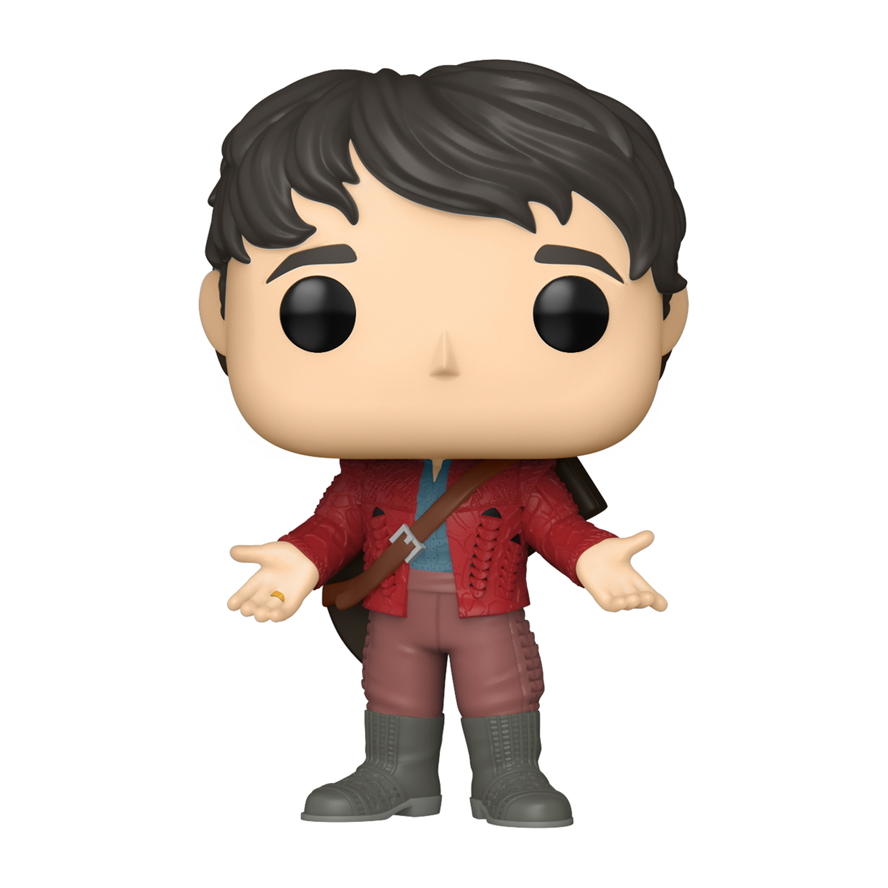 Figura Funko Pop de un hombre con los brazos abiertos, chaqueta roja y un anillo.