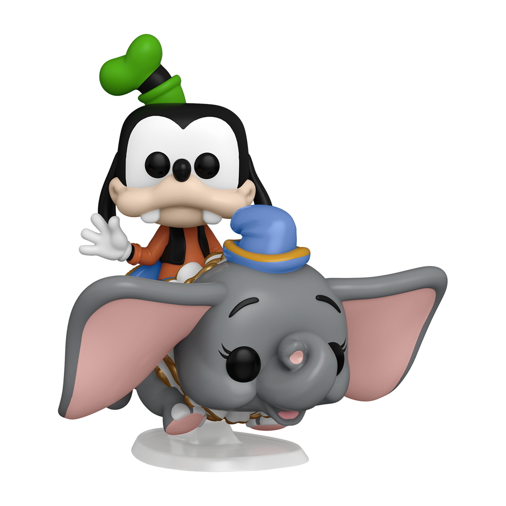Figura de Goofy y Dumbo, Dumbo es gris y Goofy lo está montando. Ambos están sobre un soporte blanco.