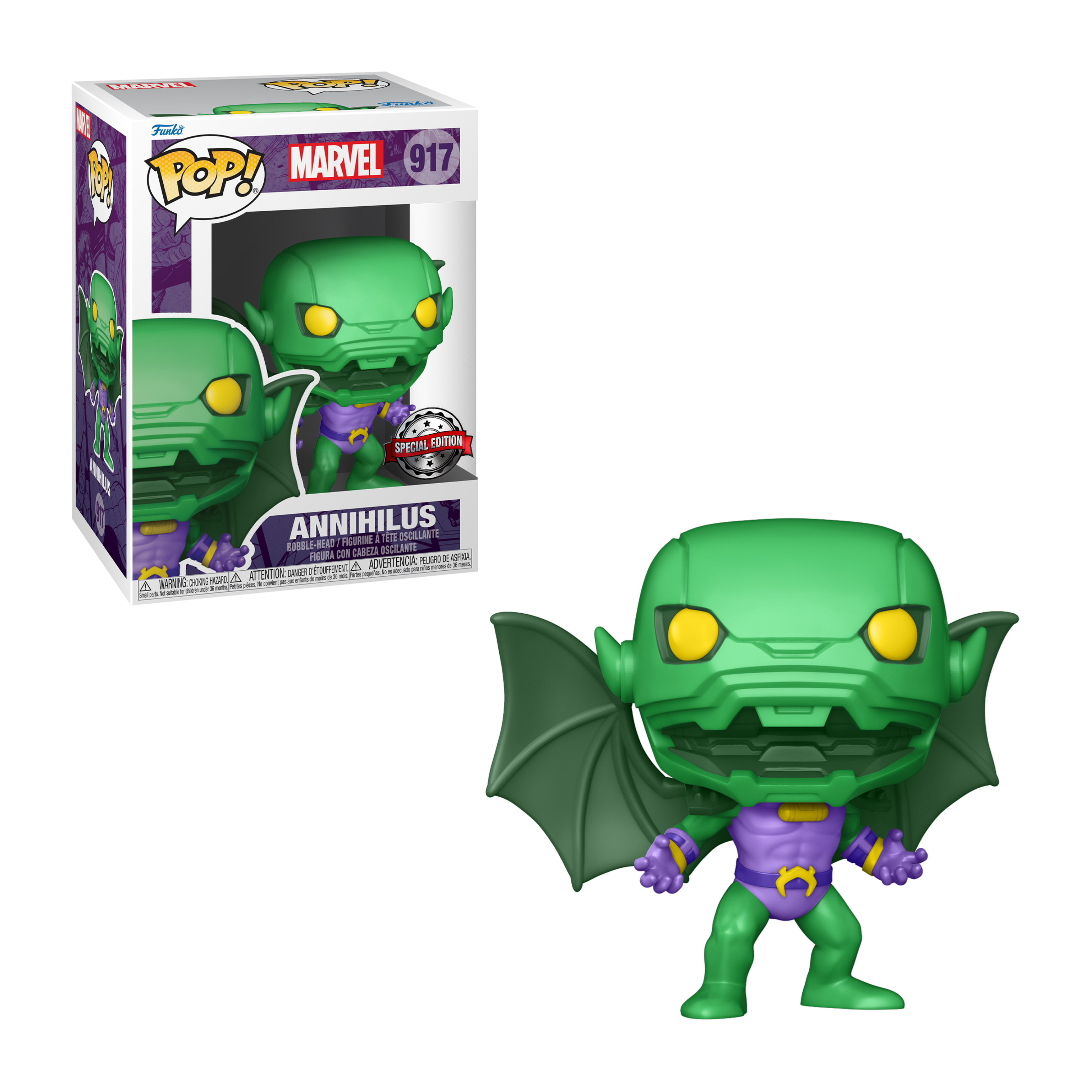 Figura Funko Pop di Annihilus con corpo verde, dettagli viola e ali, nella sua scatola.