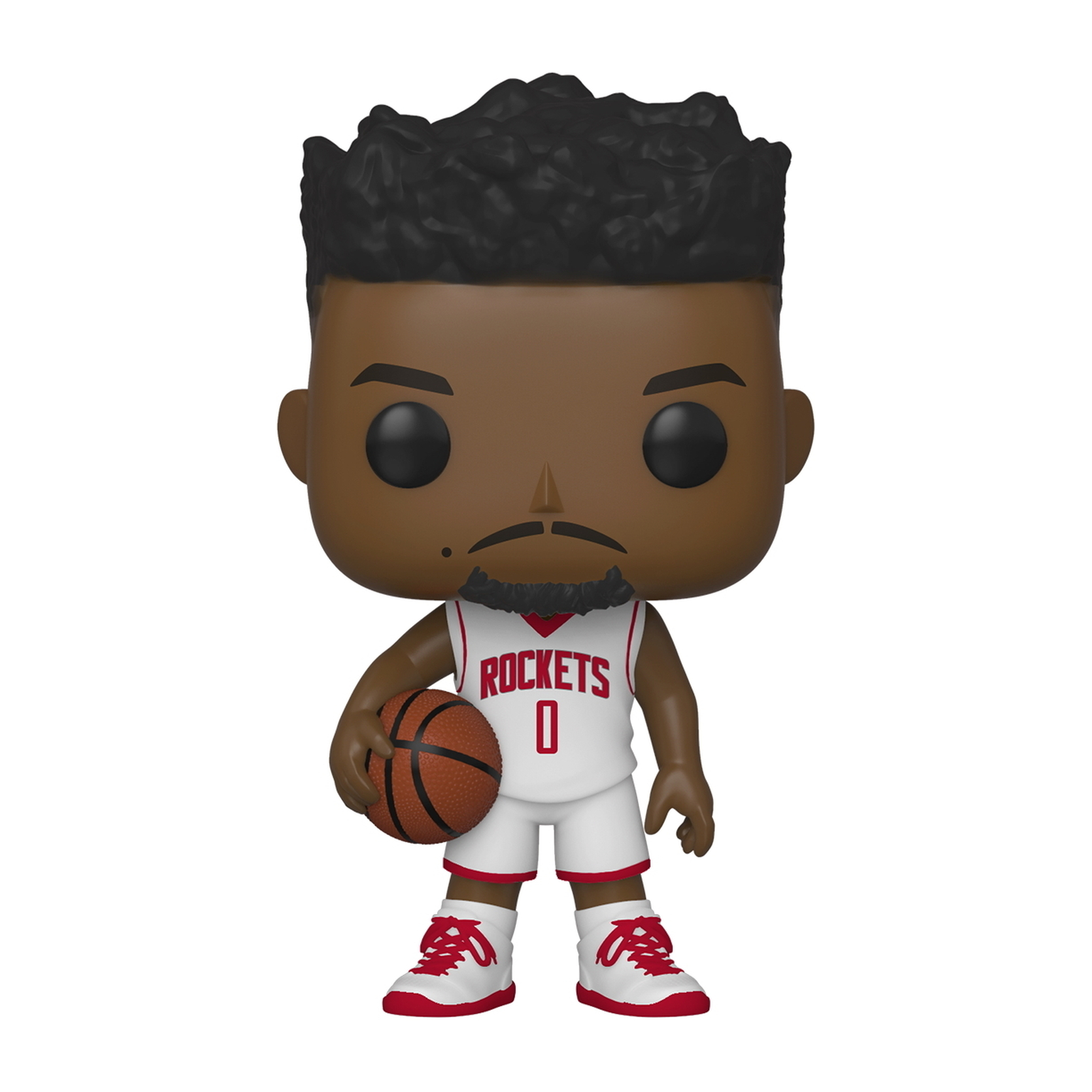 Funko Pop Figur eines Basketballspielers. Er hält einen Ball. Weißer Hintergrund.