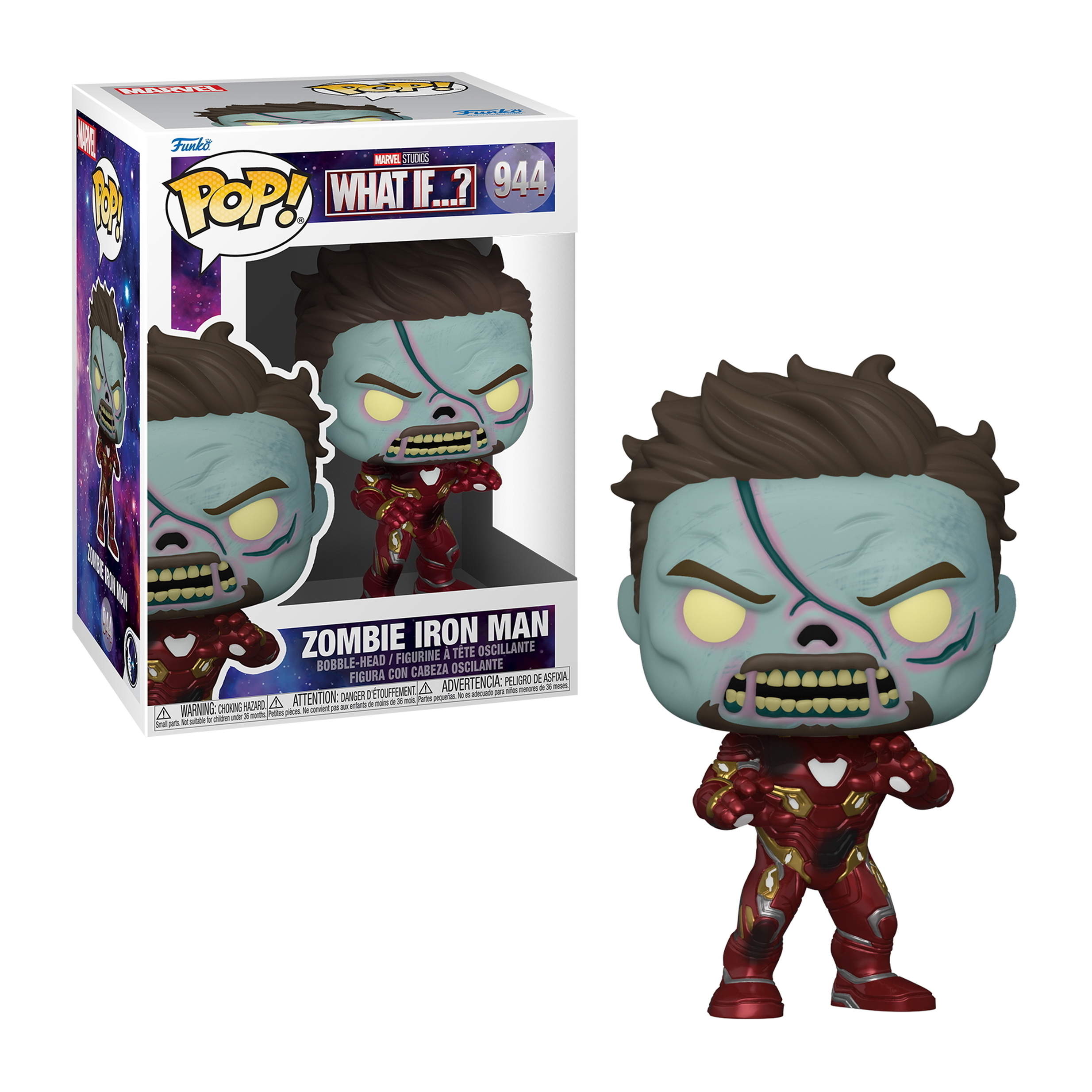 Figura Zombie Iron Man Marvel Funko Pop in una scatola e in piedi accanto.