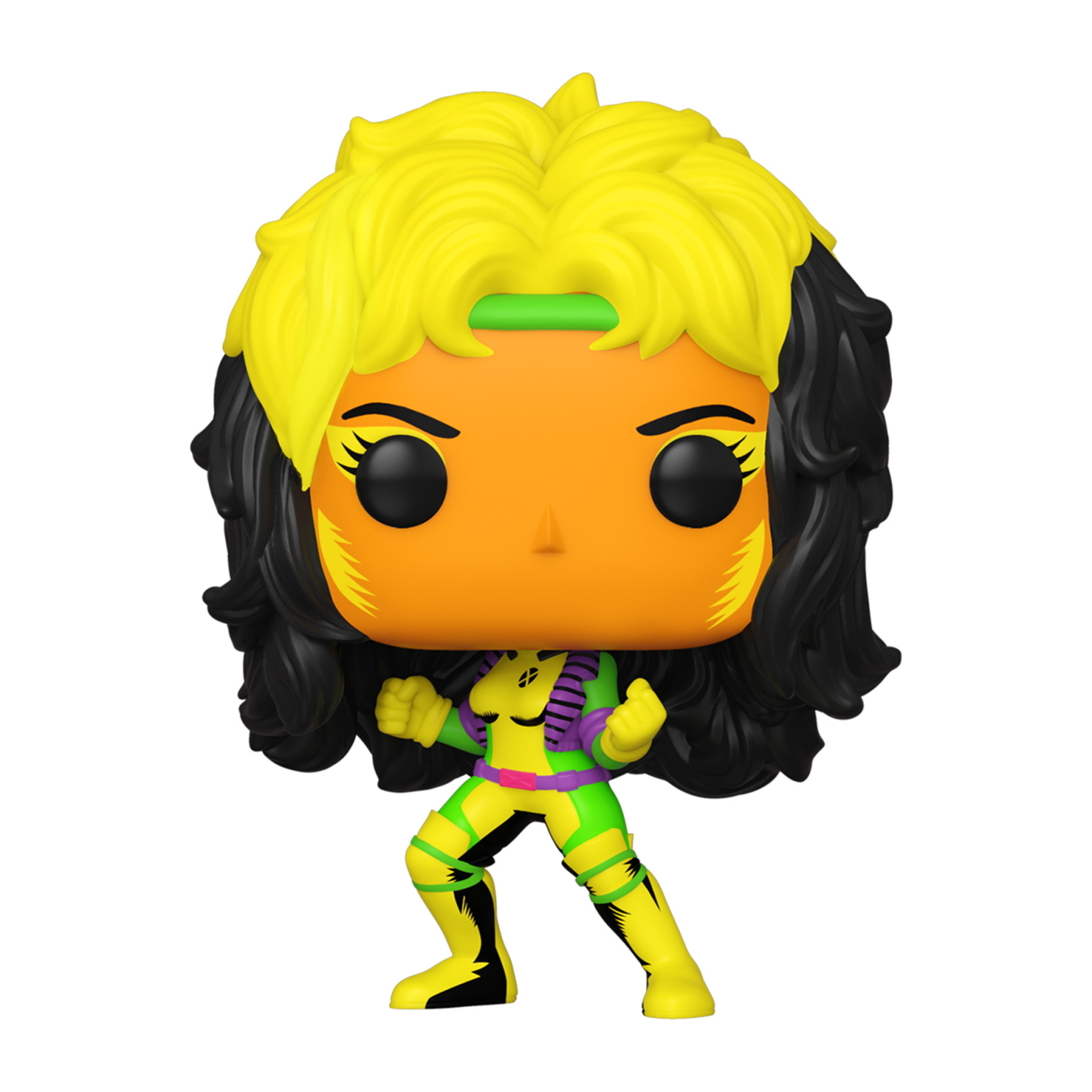 Eine Rogue Funko Pop Figur mit gelbem und schwarzem Haar, oranger Haut und grüner Kleidung.