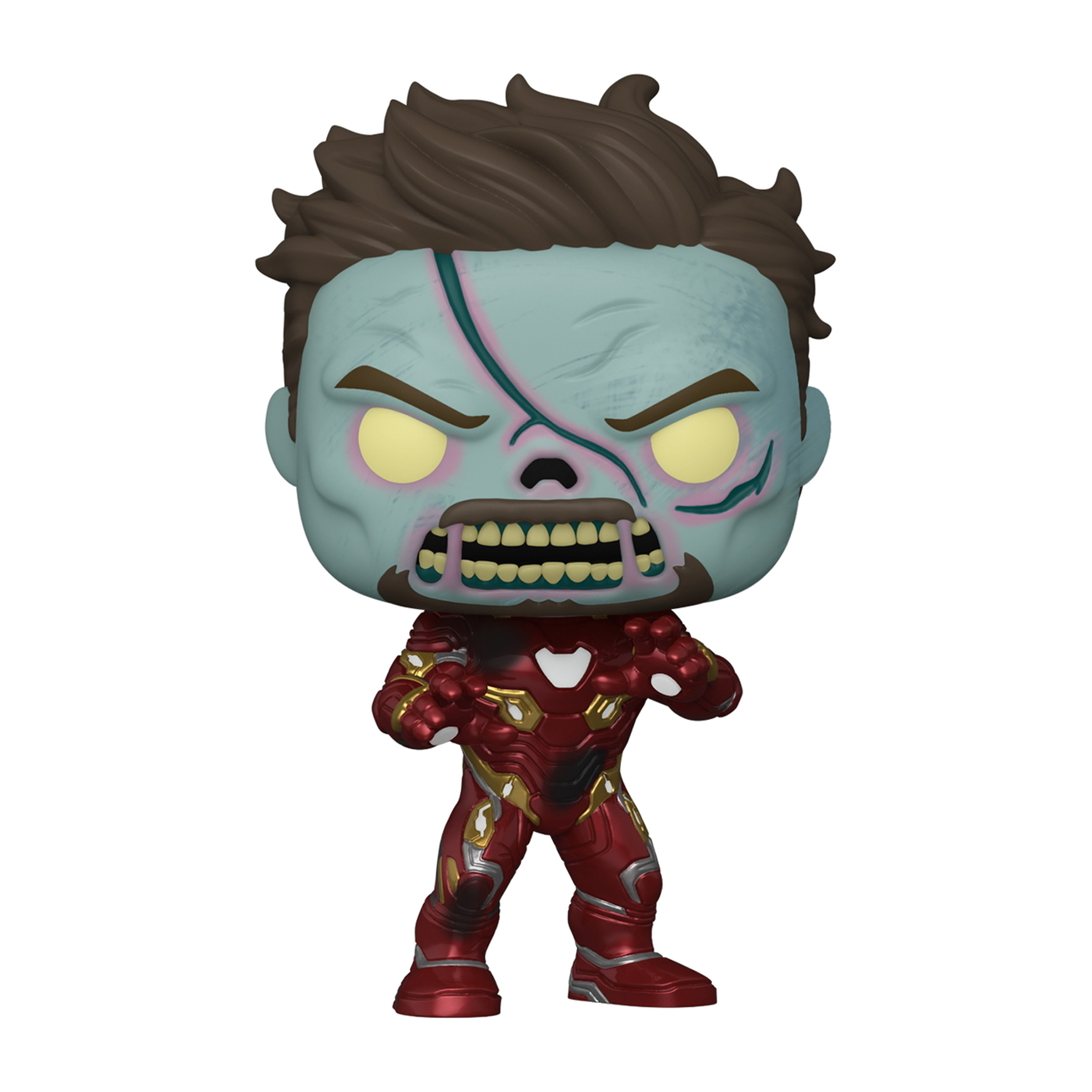 Figura Funko Pop di Iron Man zombie. Armatura rossa e oro, volto zombie con denti esposti.