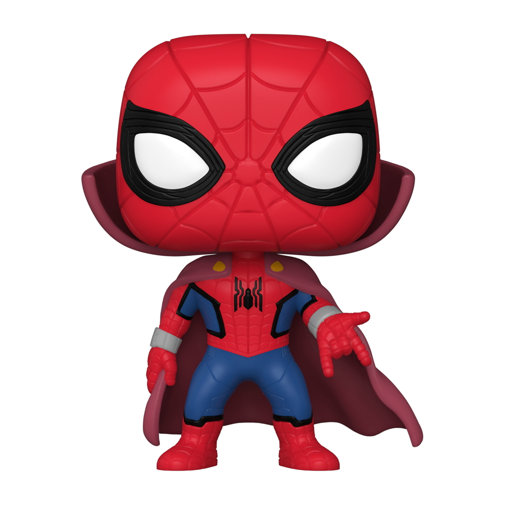 Una figura Funko Pop di Spider-Man in tuta rossa e blu con mantello.
