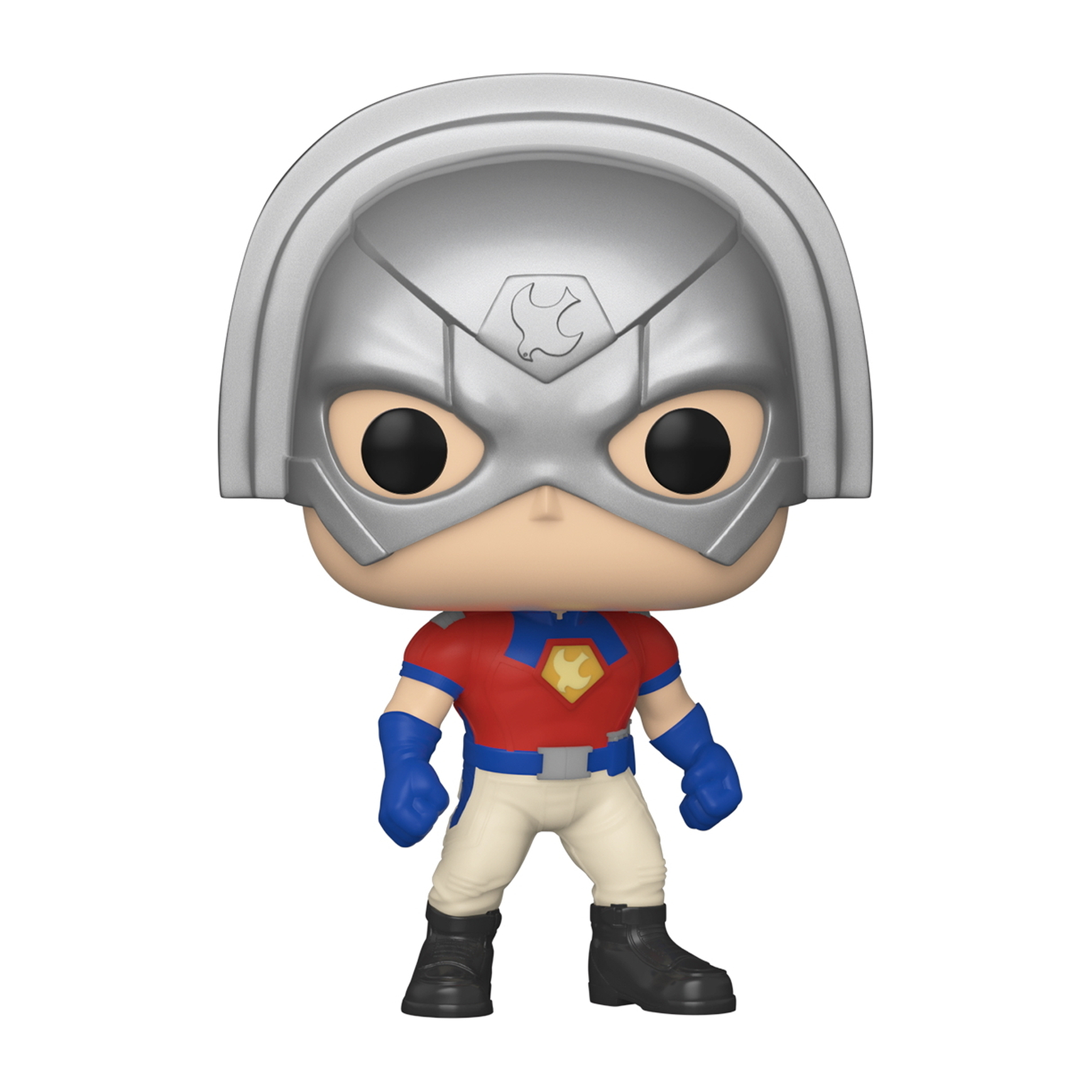 Eine Funko Pop-Figur von Peacemaker. Er trägt einen silbernen Helm, ein rotes Hemd und blaue Handschuhe.