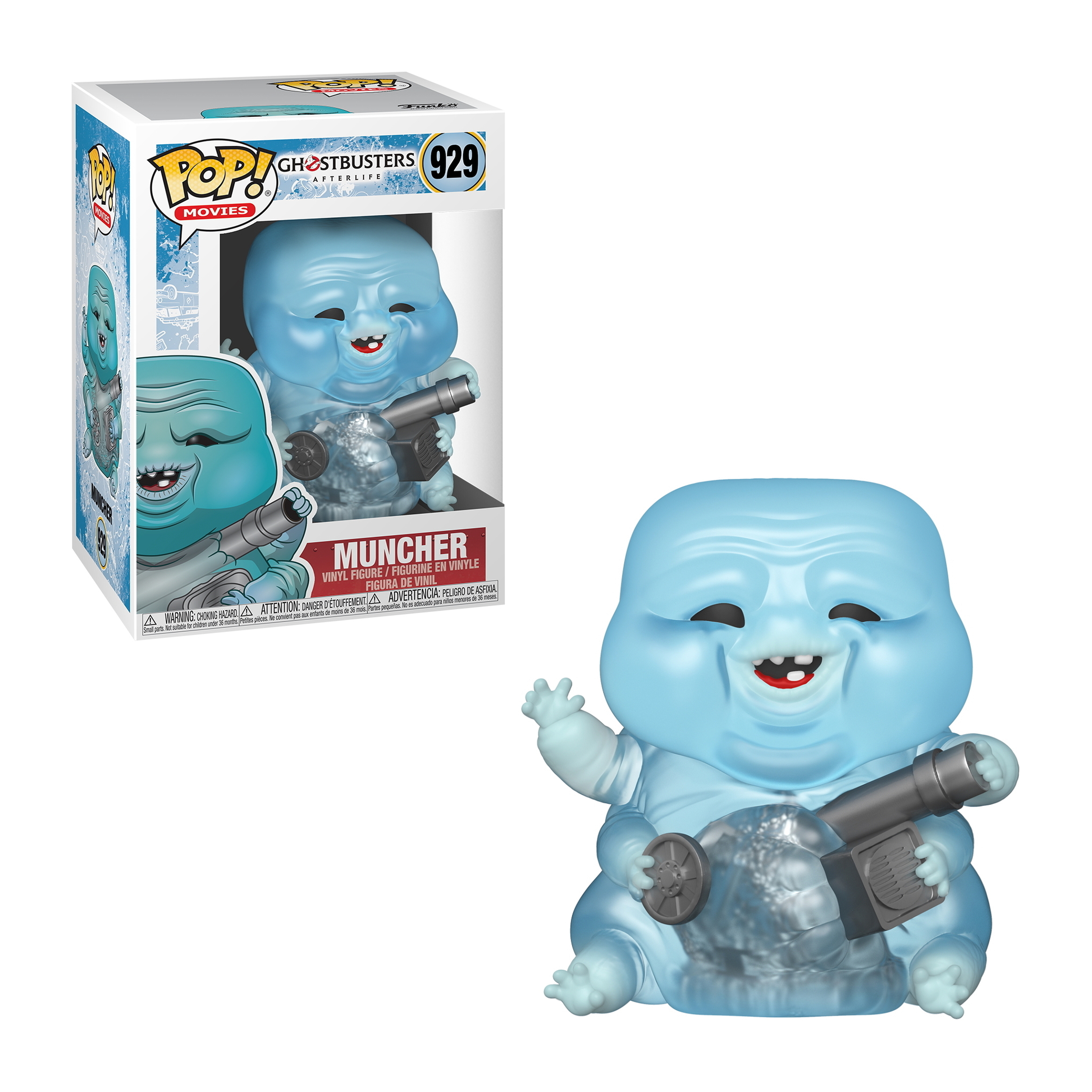 Una figura Funko Pop di Muncher da Ghostbusters, di colore blu con una pistola.