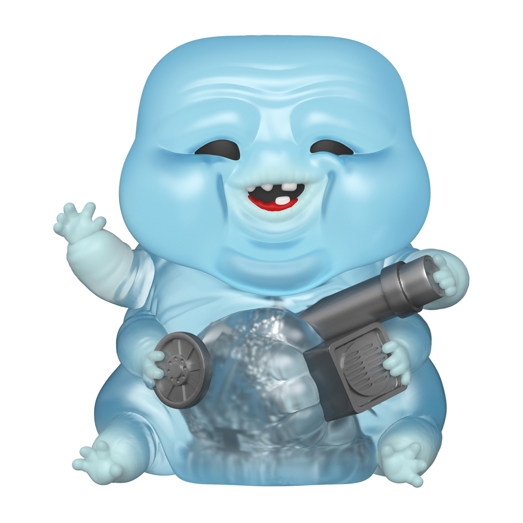 Funko Pop fantasma blu, traslucido, sorridente, tiene un cannone grigio, seduto.