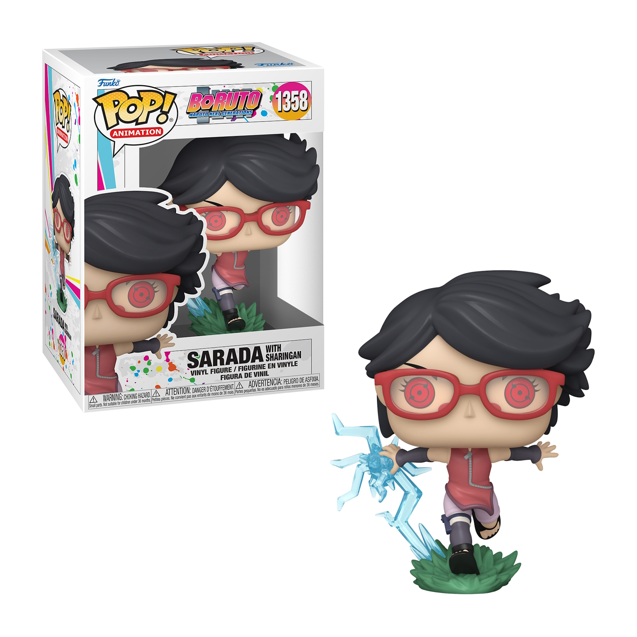 Funko Pop! figura di Sarada Uchiha con Sharingan, in e fuori dalla scatola. Sfondo bianco.