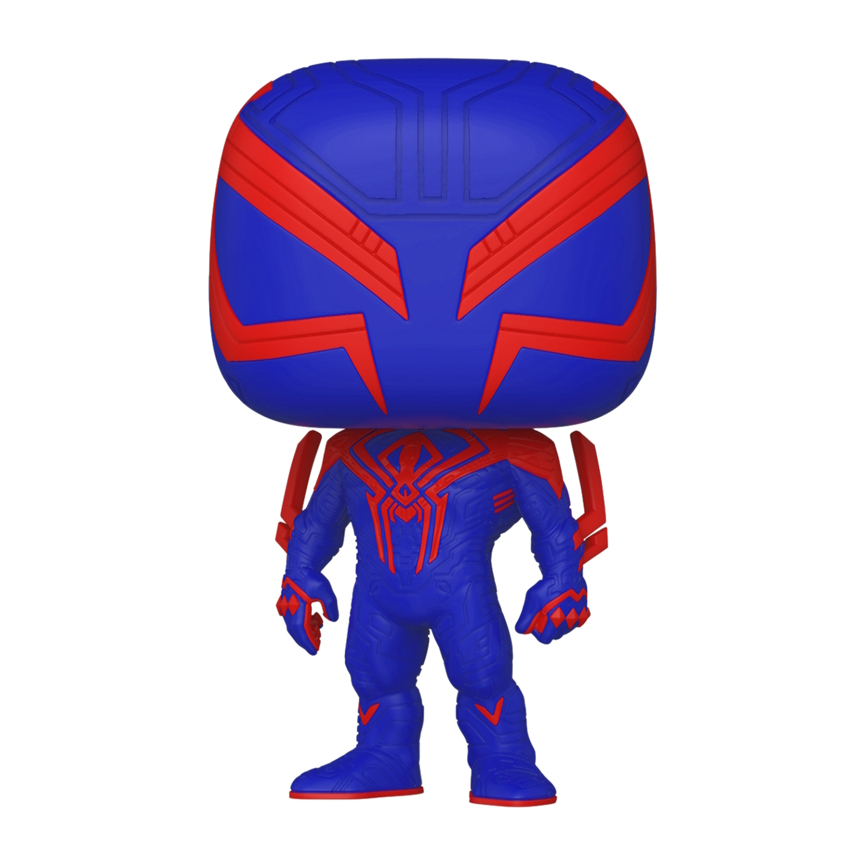 Una figura Funko Pop de Spider-Man 2099 en una pose dinámica, traje azul y rojo, fondo blanco.