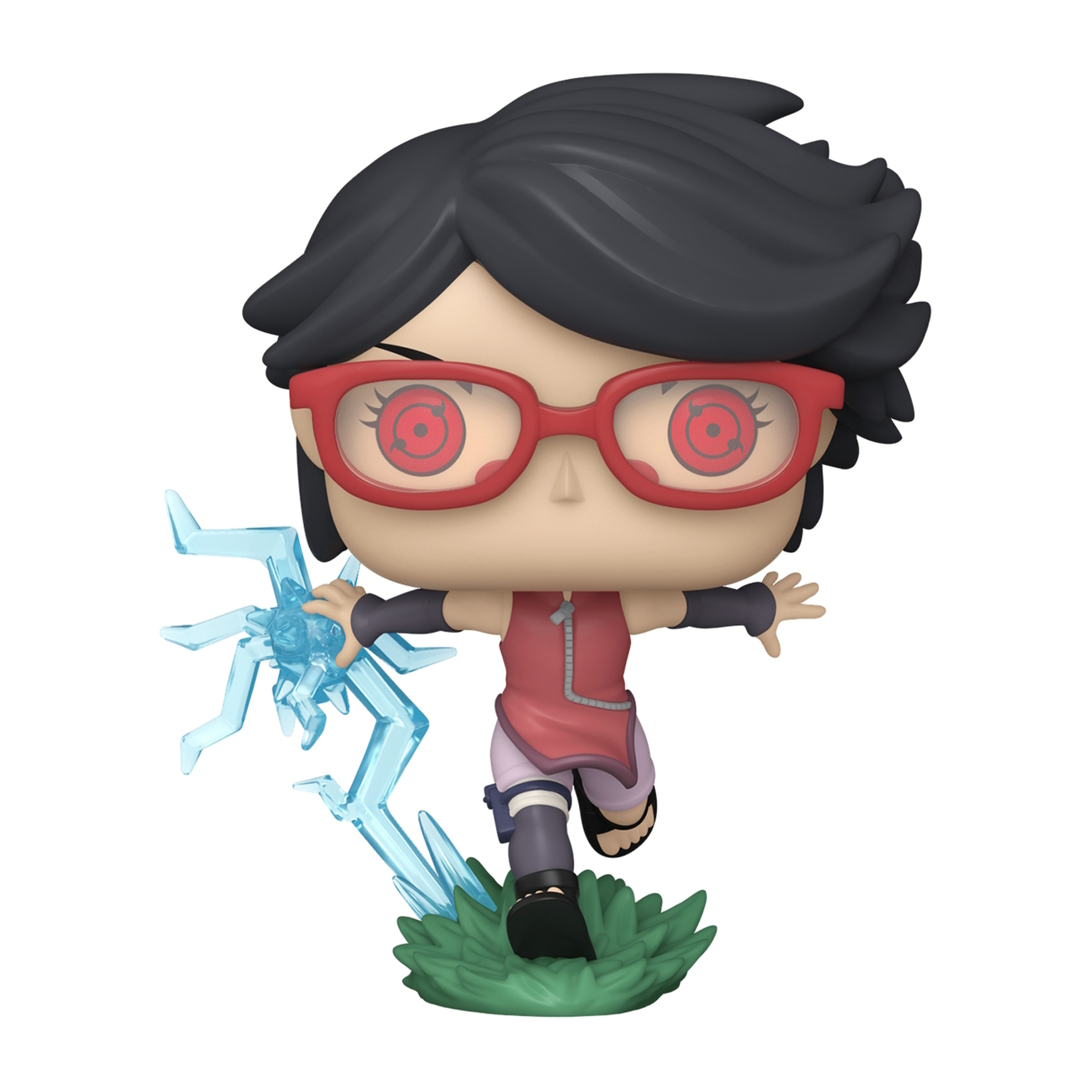 Figura Funko Pop di Sarada, che tiene un fulmine blu. Occhiali rossi, capelli neri e abito rosa. Base verde.