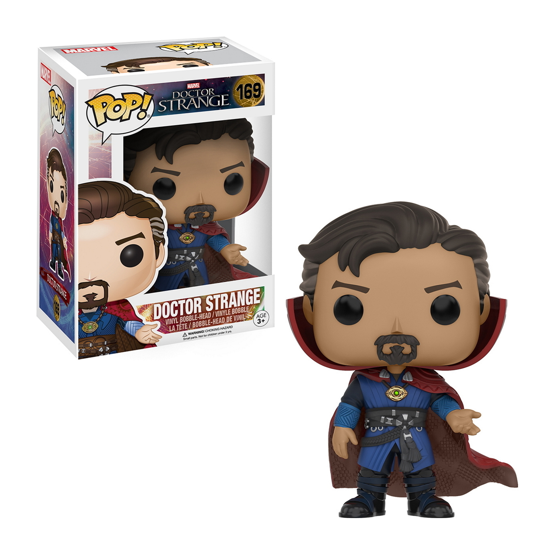 Doctor Strange Funko Pop in scatola, con mantello e pizzetto. Indossa un completo blu e rosso.