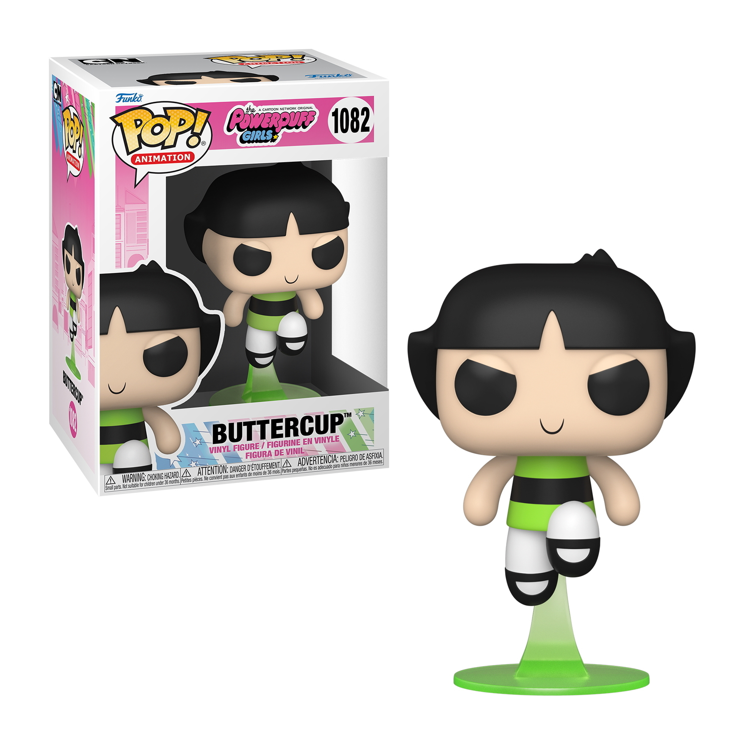 Buttercup Funko Pop figura in una scatola espositiva. Base verde.