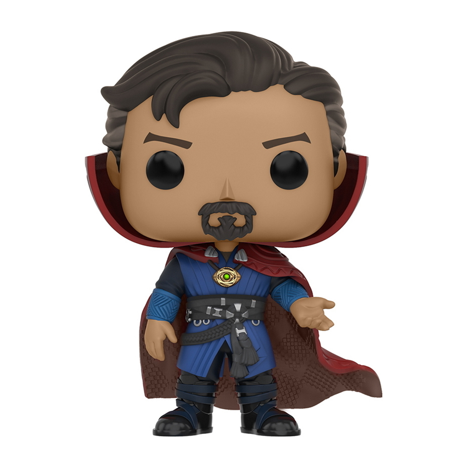 Figura Funko Pop di Doctor Strange con un mantello rosso e una tunica blu, che tiene la mano tesa.