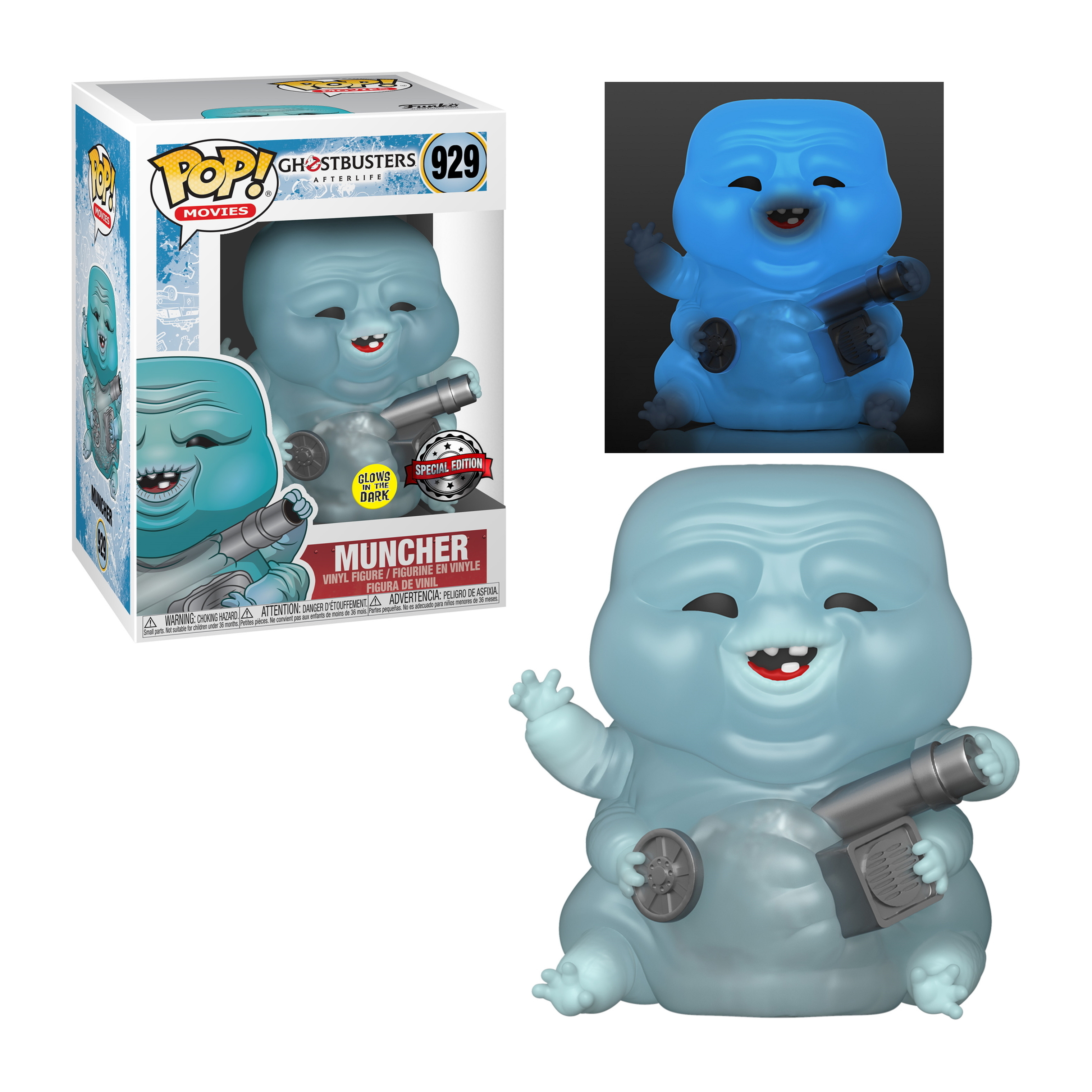 Funko Pop Muncher da Ghostbusters, una figura di fantasma blu che tiene una pistola.