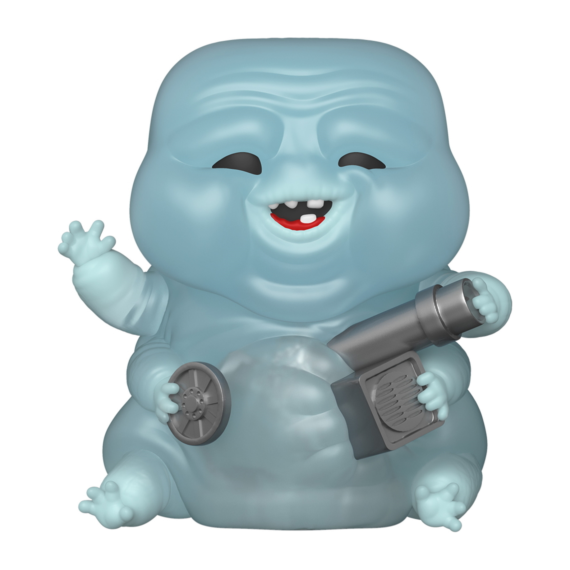 Una figura blu di Ghostbusters con una pistola. Sta sorridendo, ha le braccia alzate e si trova su uno sfondo bianco.