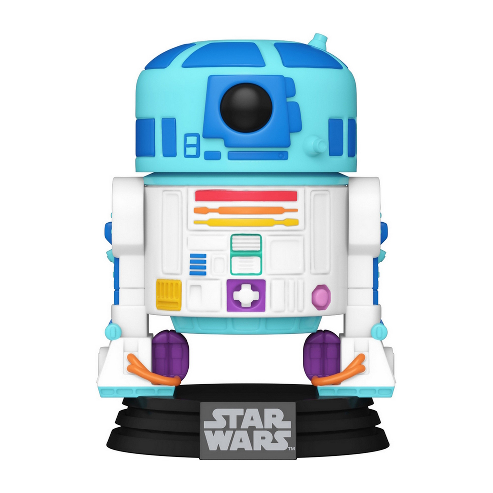 R2-D2 Funko Pop Figur, blau und weiß, Star Wars Sockel, weißer Hintergrund.