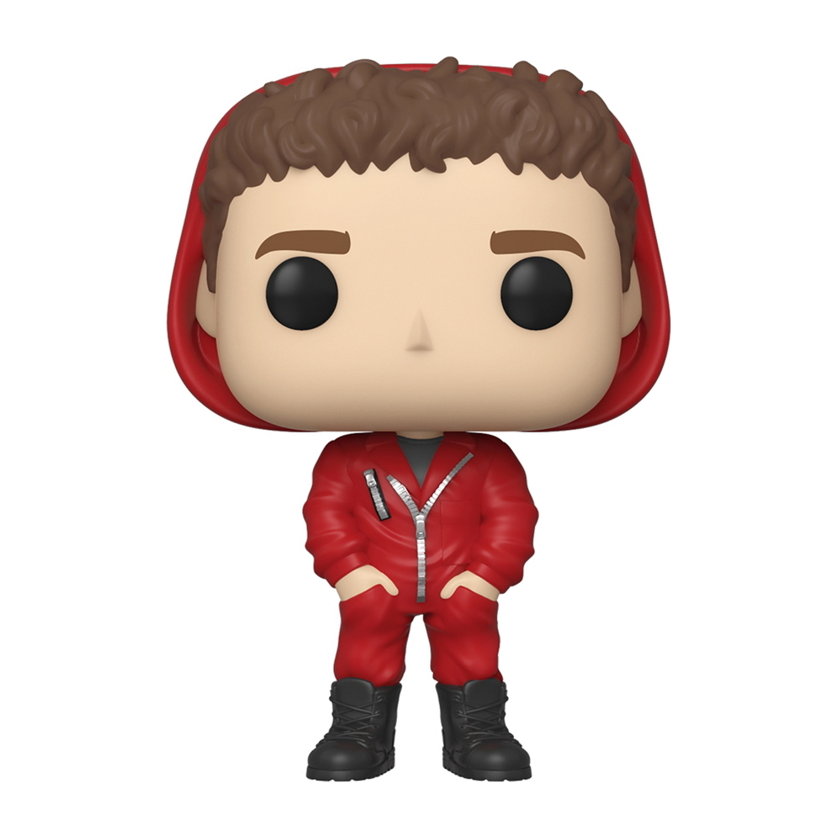 Figura Funko Pop de un hombre con un mono rojo con capucha. Ojos negros y expresión seria.