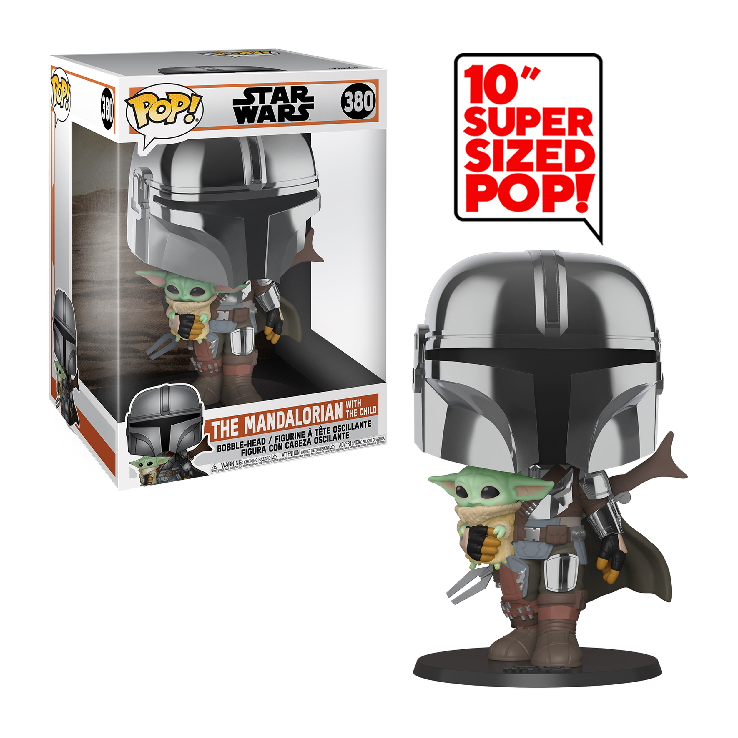 La figura Funko Pop di The Mandalorian con The Child, dentro e fuori dalla scatola. Sfondo bianco.