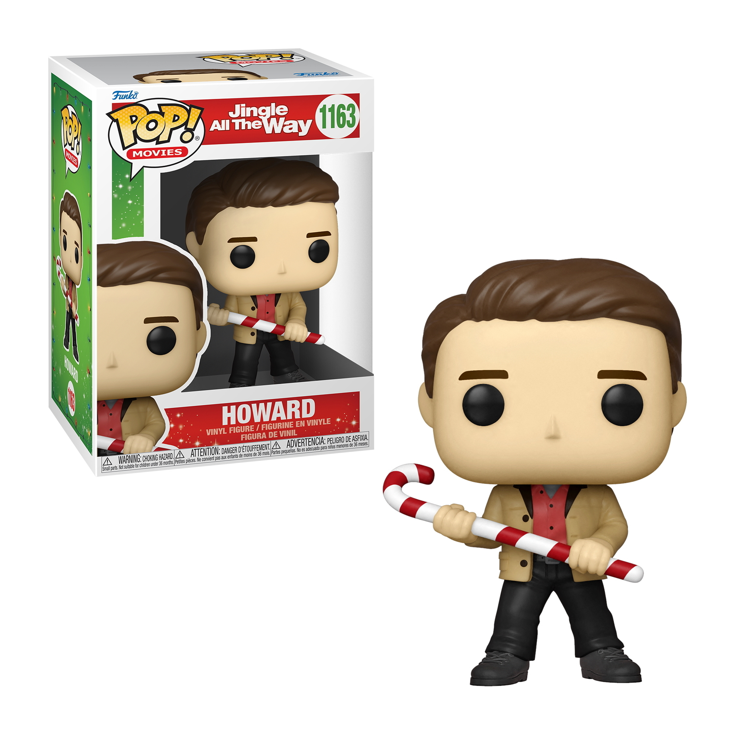 Figura Funko Pop di un uomo con un bastoncino di zucchero, in abito natalizio, con una scatola.
