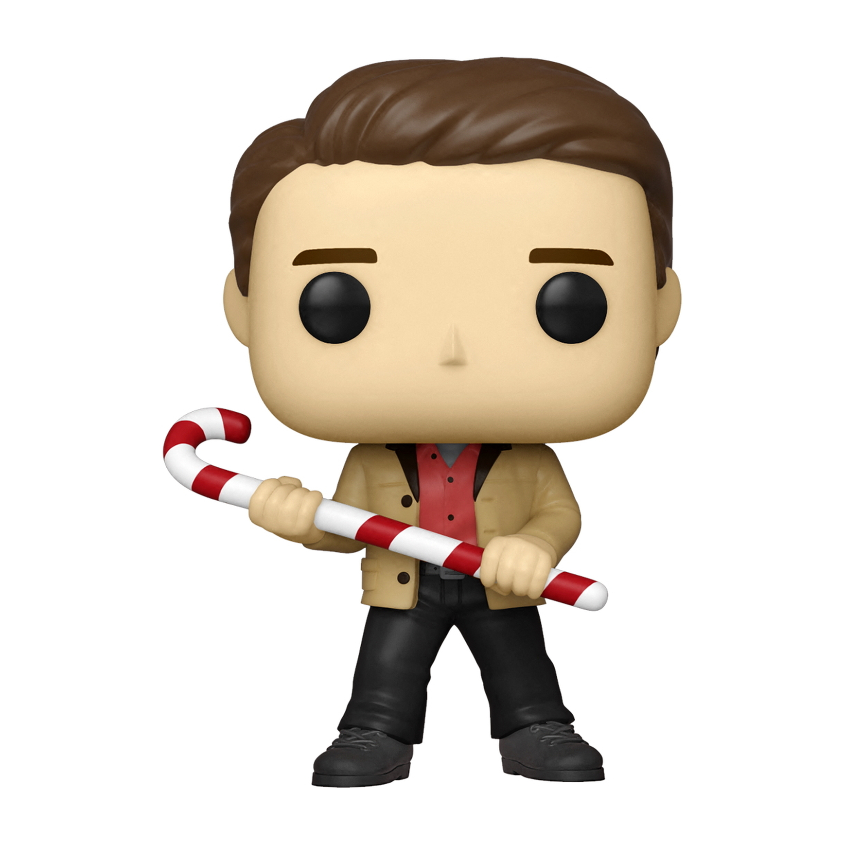 Figura Funko Pop maschile con un bastoncino di zucchero. Giacca beige, camicia rossa, pantaloni neri. Capelli e occhi castani.