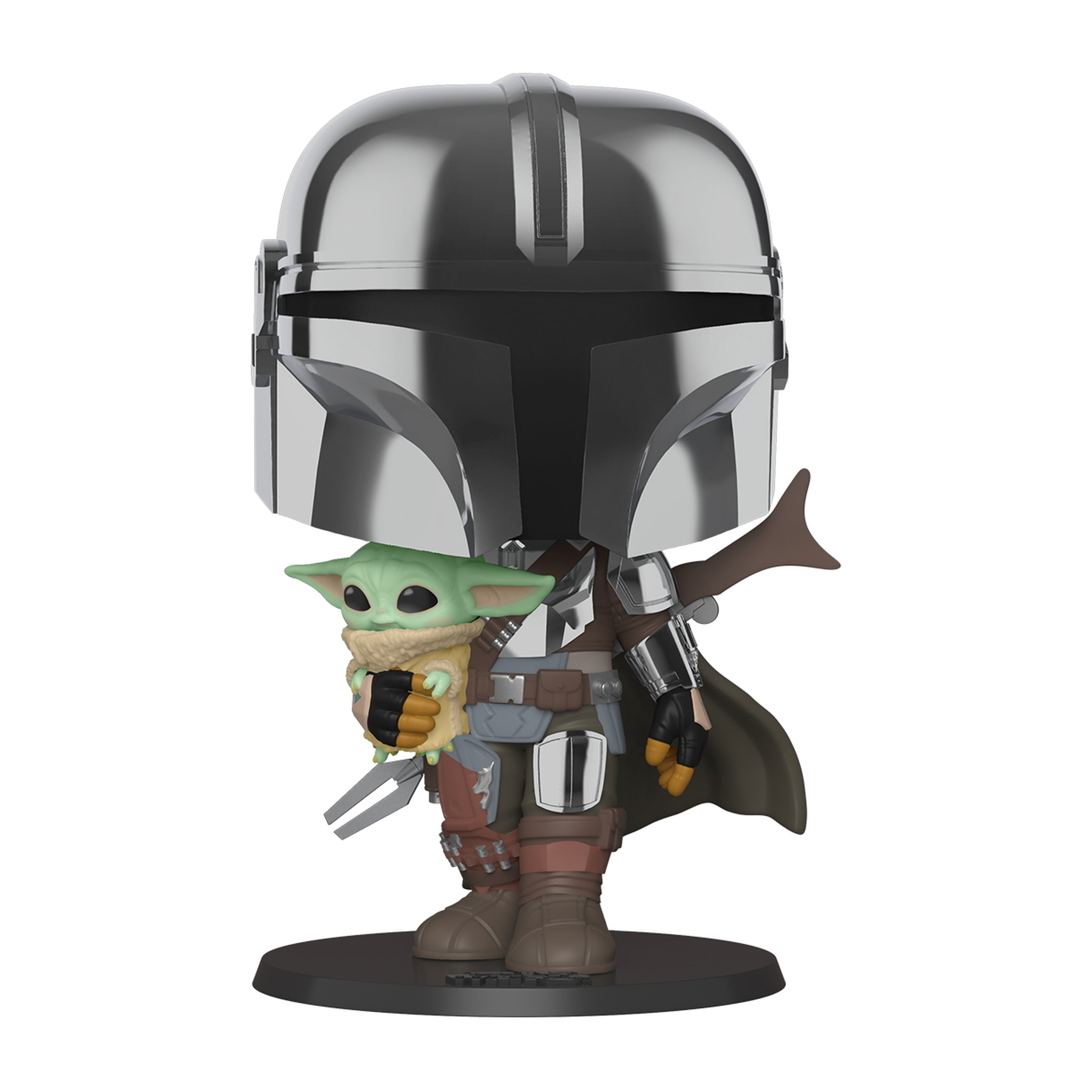 Figura Funko Pop del Mandaloriano. Il Mandaloriano tiene Grogu. Sfondo bianco.