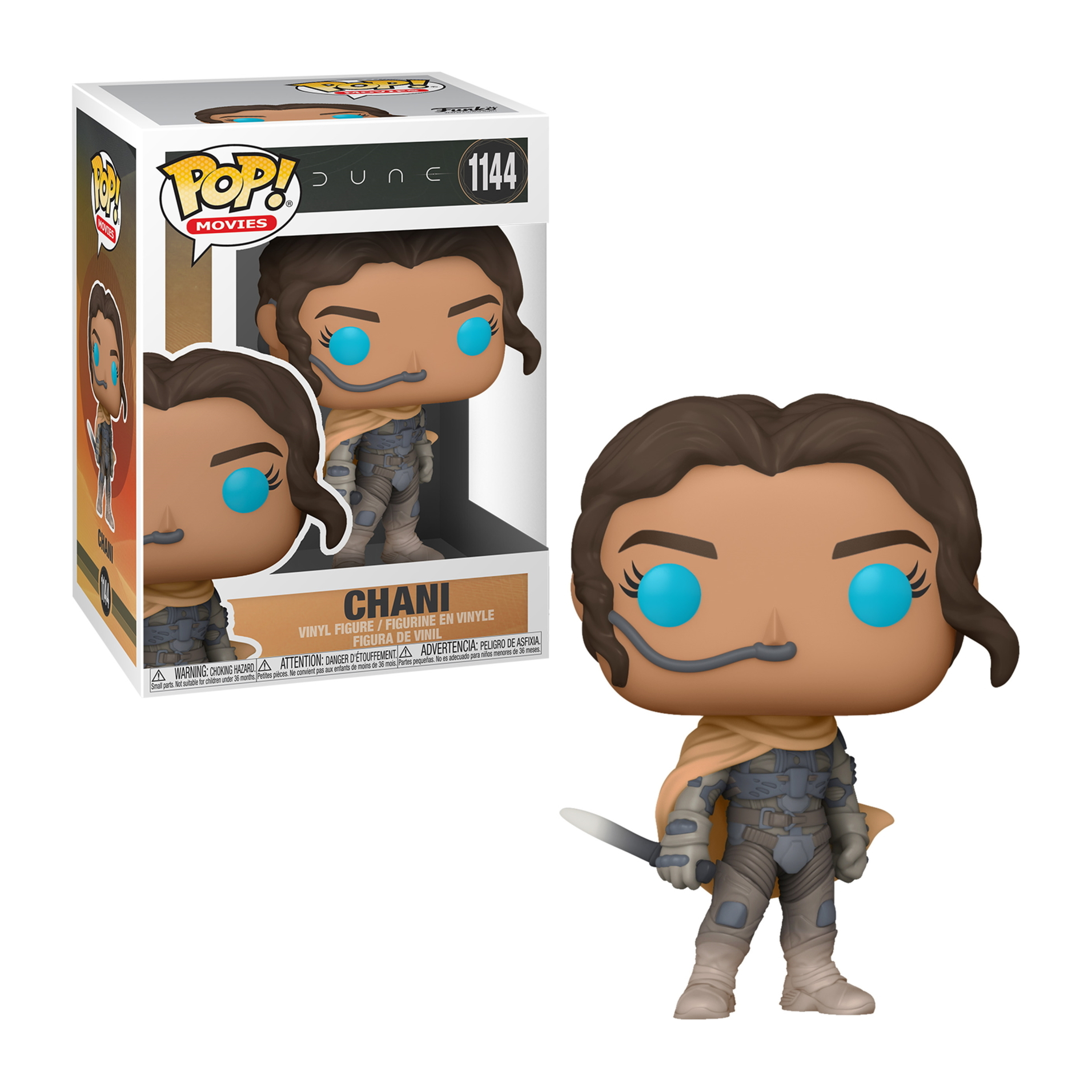 Funko Pop! Chani-Figur aus dem Dune-Film, in und aus der Verpackung. Hellblaue Augen.