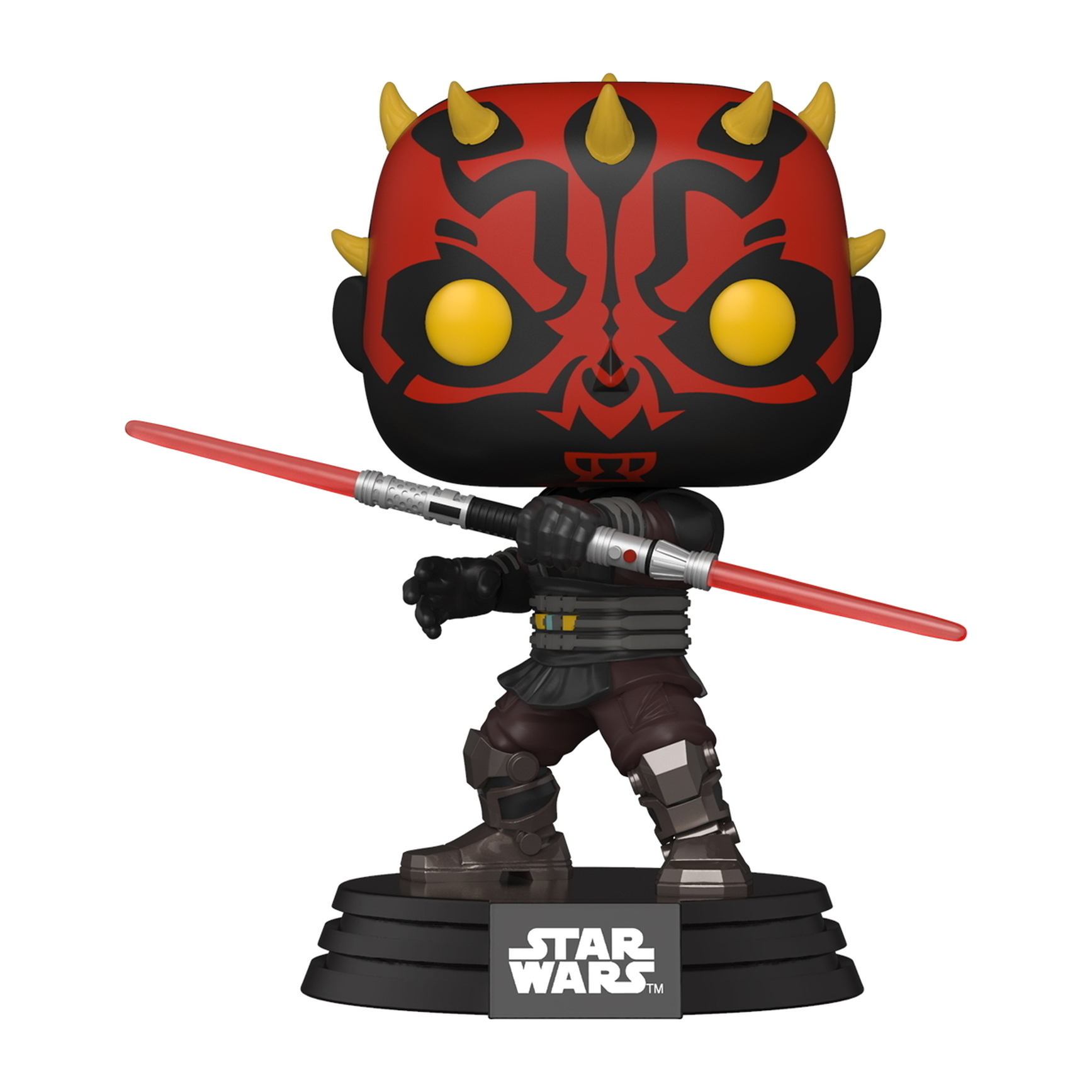 Figurka Funko Pop Darth Maul. Czerwono-czarna figurka, trzymająca czerwony miecz świetlny, na czarnej podstawie.