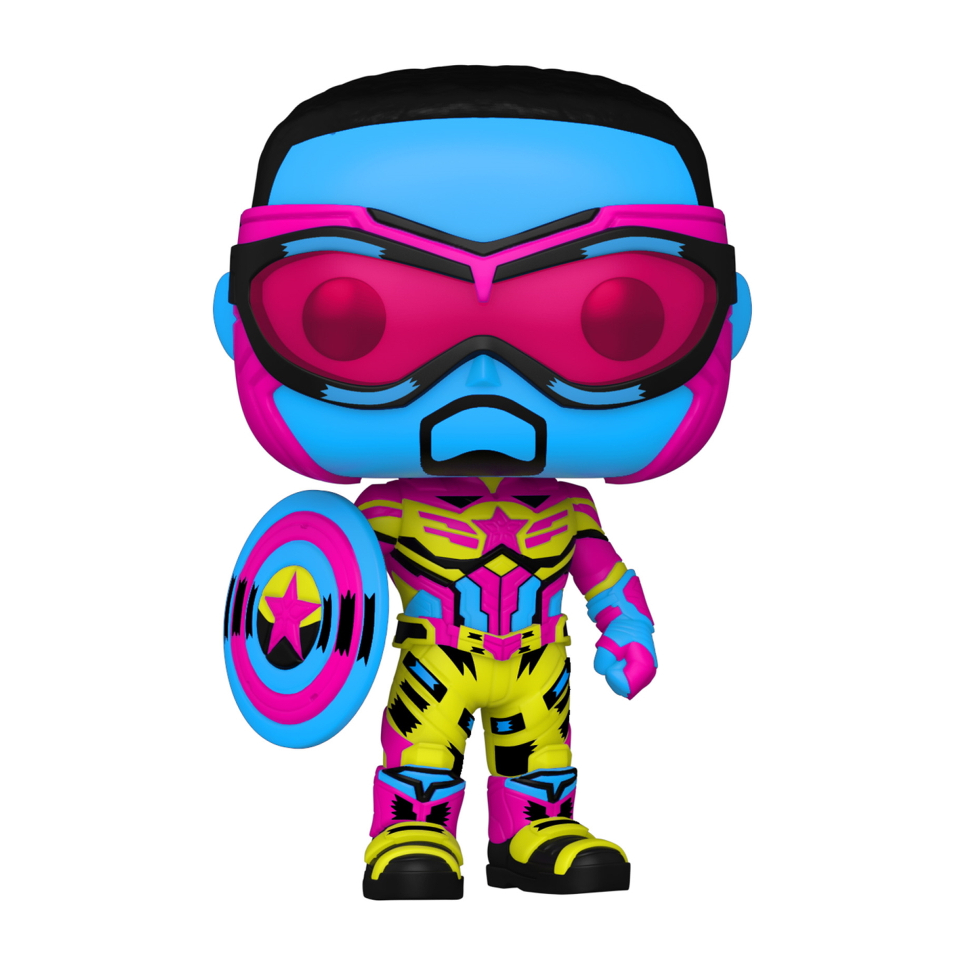 Figura Funko Pop di un supereroe con costume e maschera colorati, con uno scudo.