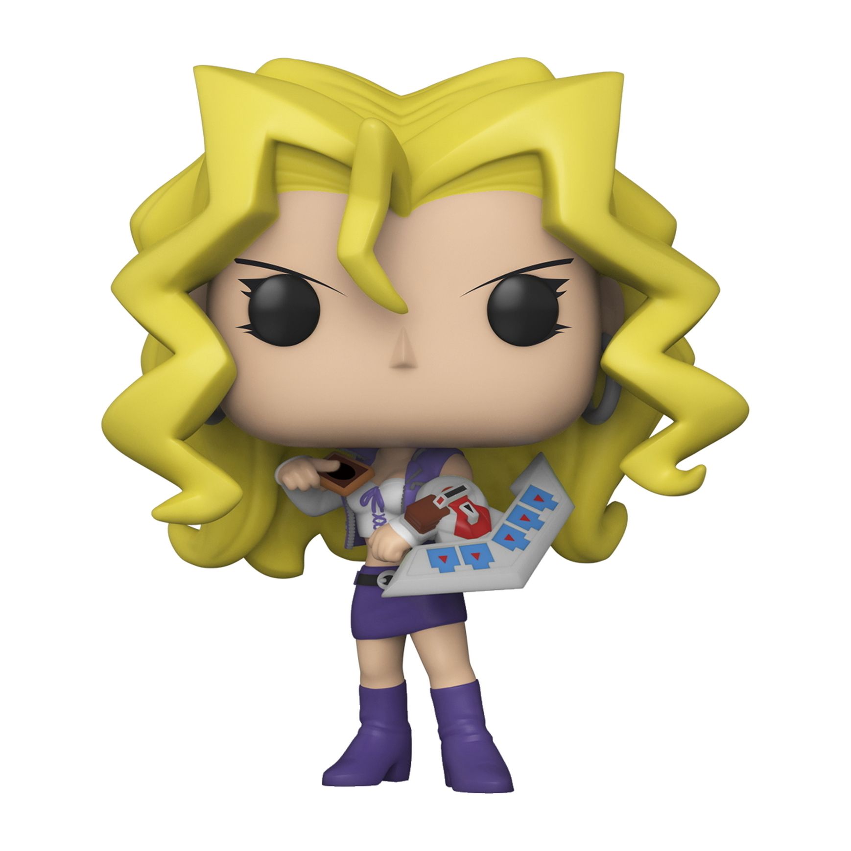 Una figura Funko Pop de un personaje con cabello amarillo, sosteniendo un juego de cartas.