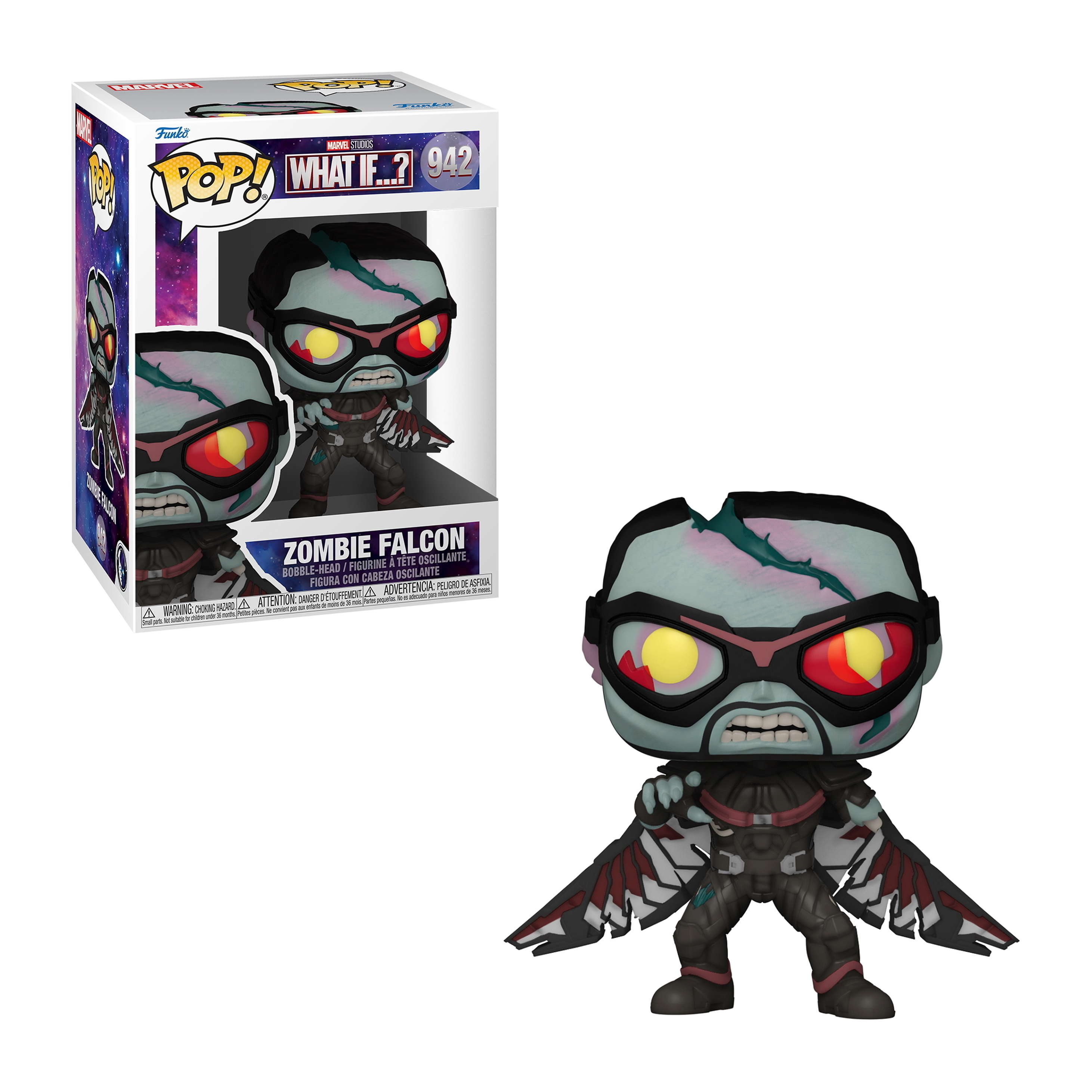 Zombie Falcon Funko Pop Figur. Verpackt, mit Figur außerhalb der Box. Weißer Hintergrund.