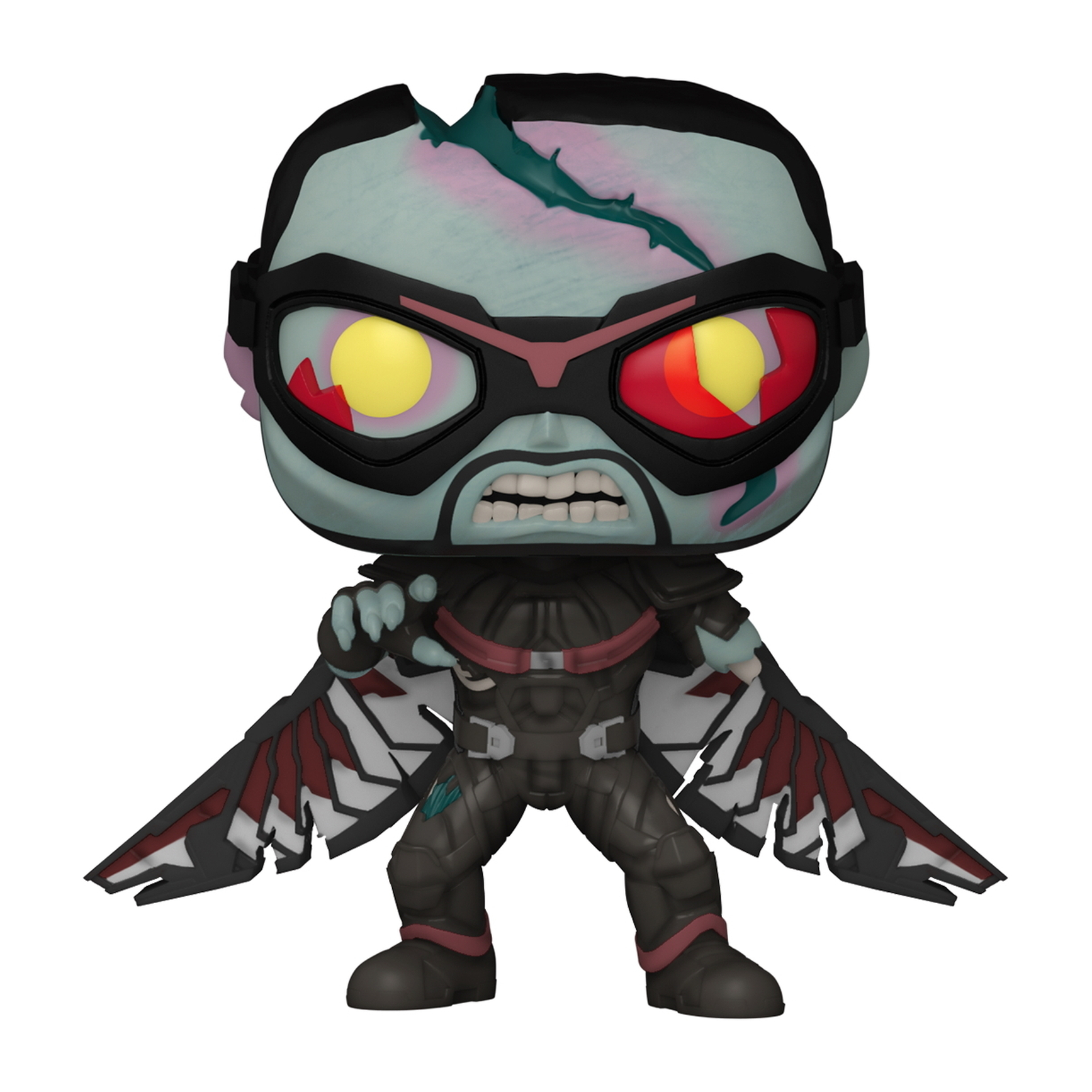 Funko Pop eines zombieartigen Superhelden mit rot leuchtenden Augen und Flügeln. Schwarze Maske und Kostüm. Weißer Hintergrund.
