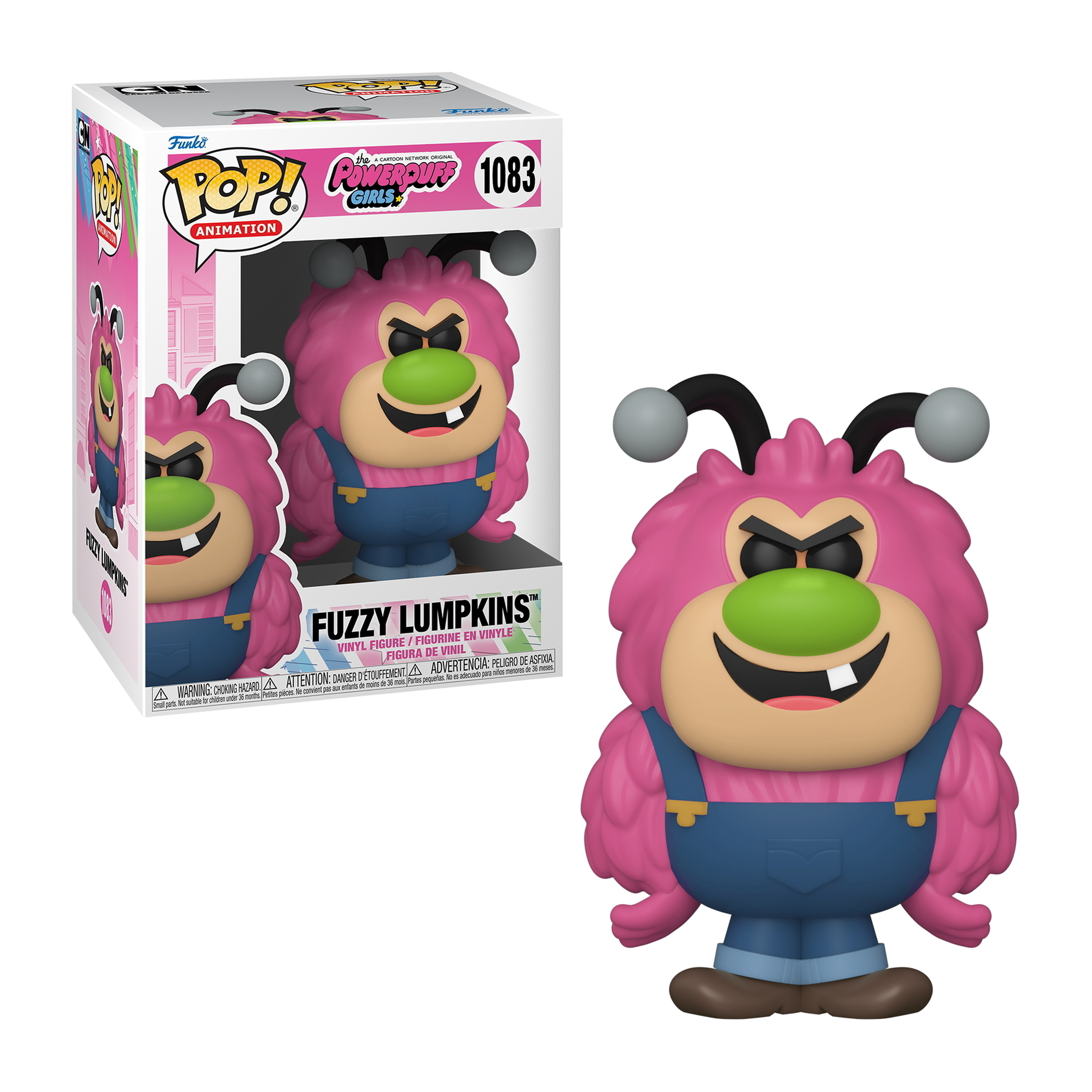 Figura de juguete Fuzzy Lumpkins con overoles azules, pelaje rosa, nariz verde y una caja detrás.
