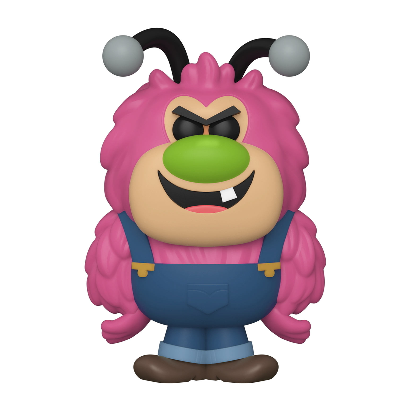 Figura de monstruo de dibujos animados con pelaje rosa, nariz verde y peto azul. Sonriendo.