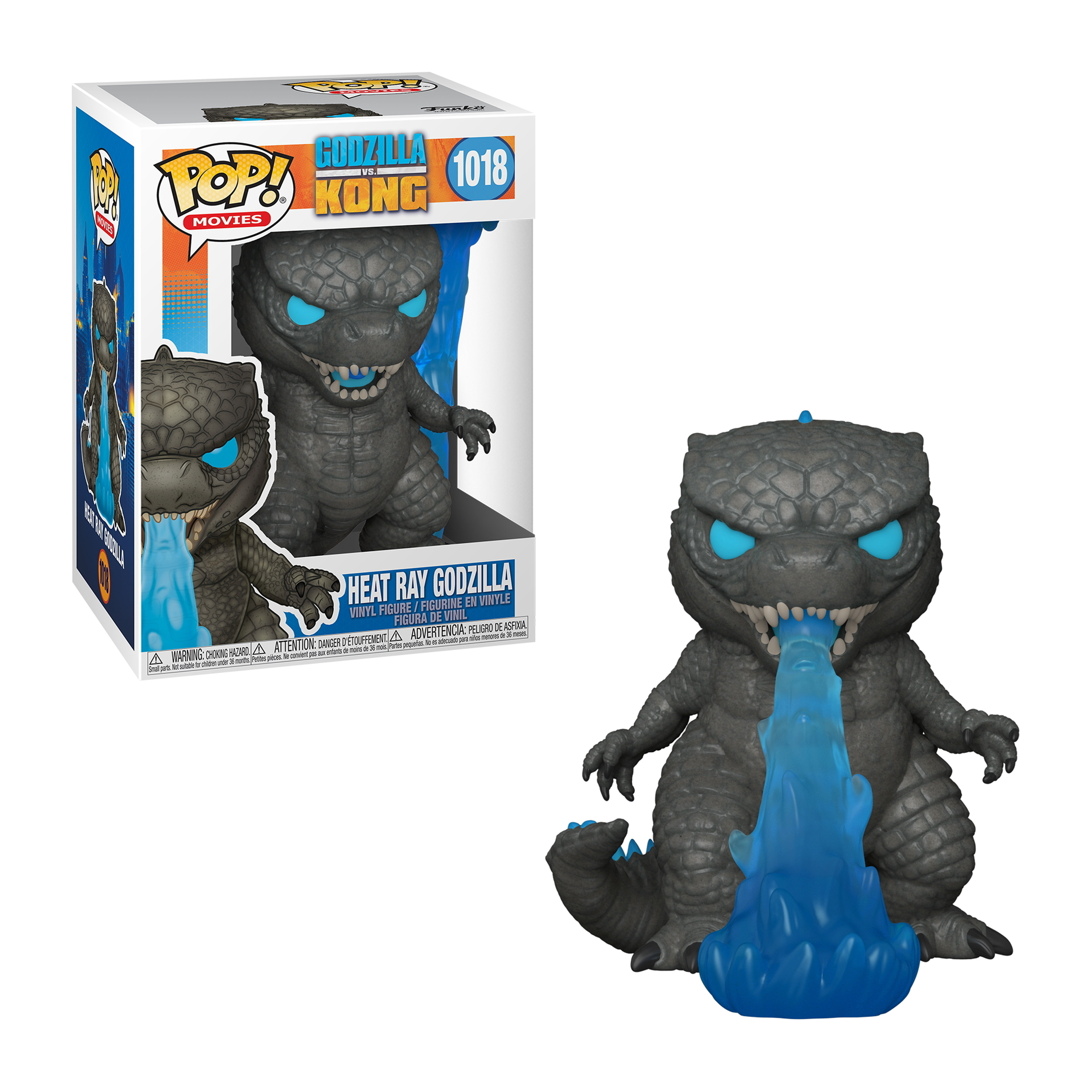 Heat Ray Godzilla Funko Pop Figur, grau, blauer Feueratem, in einer Box, blaue Augen.