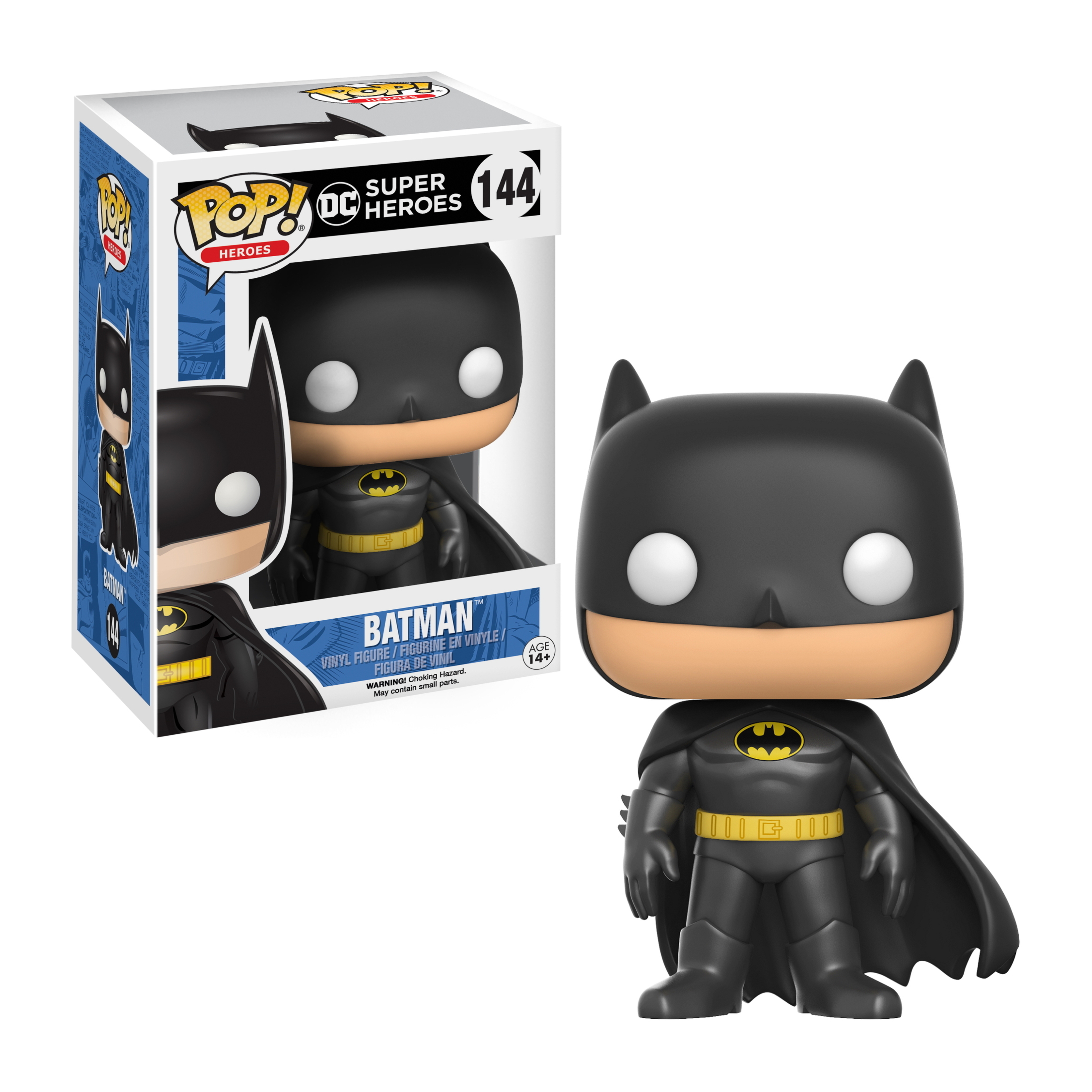 Figurka Batmana Funko Pop z pudełkiem. Czarny strój, peleryna, kaptur, żółty pas z symbolem nietoperza, białe oczy.