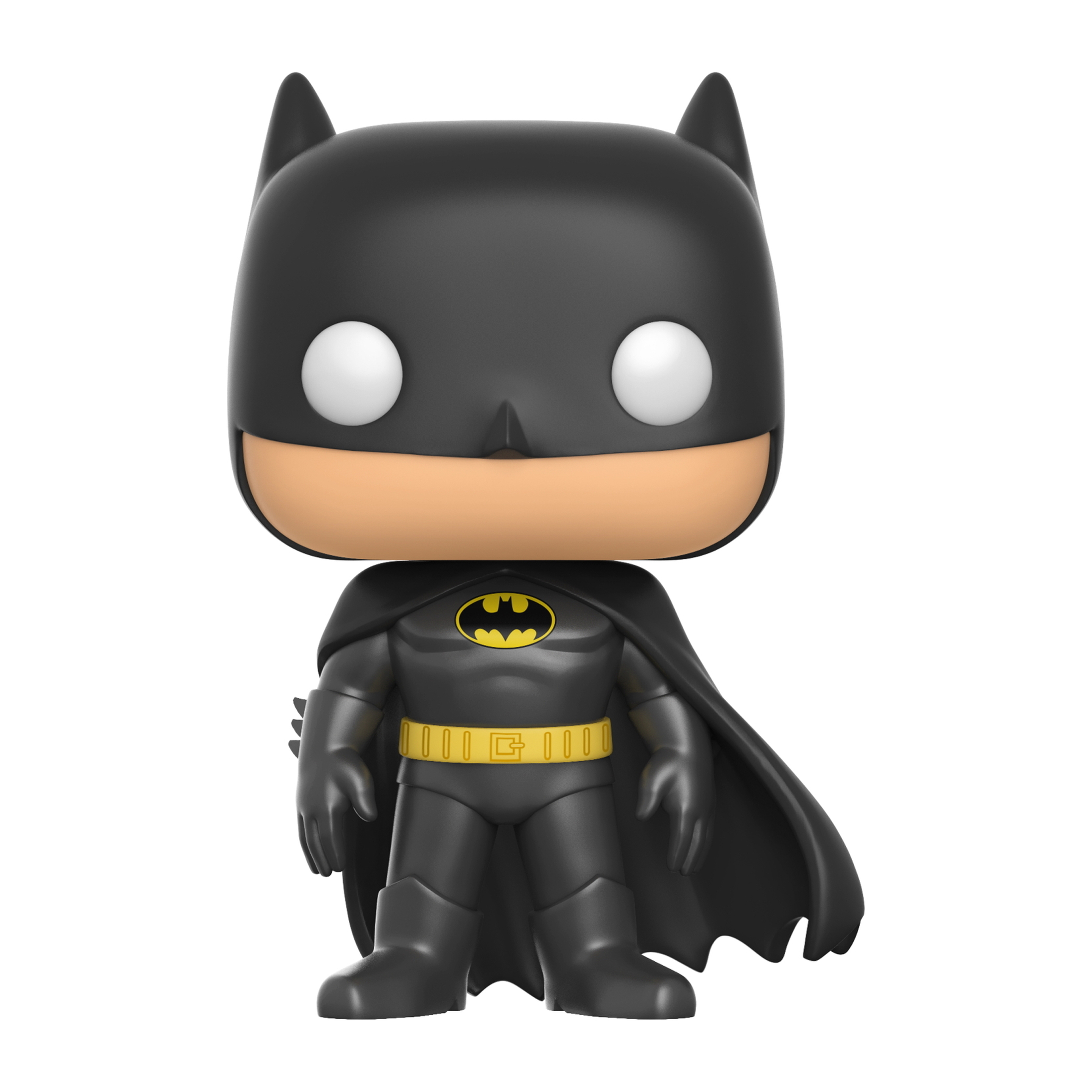 Figurka Funko Pop Batmana. Czarny strój, żółty pas i logo, białe oczy.