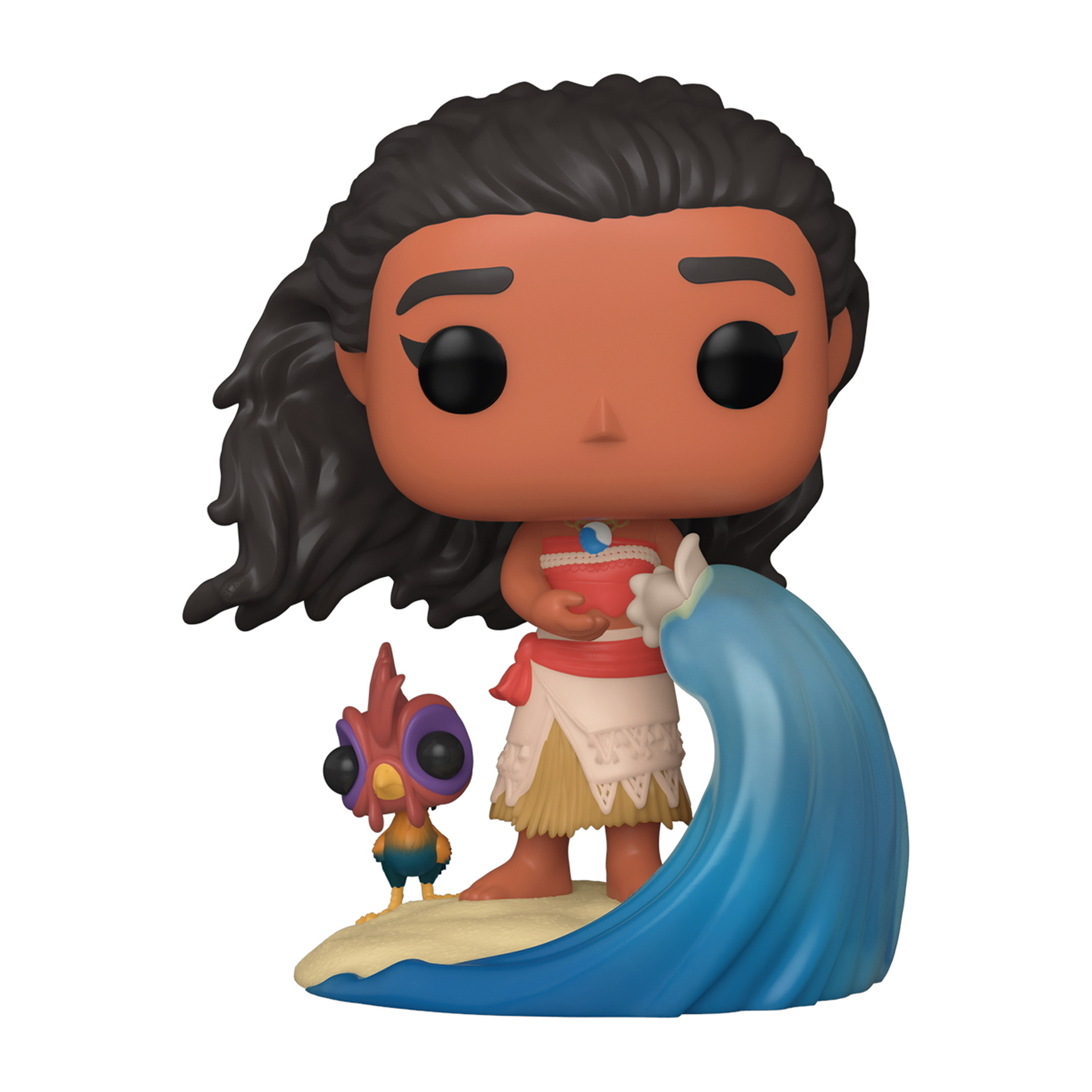 Moana Funko Pop con un'onda blu e una piccola figura di uccello. Moana ha i capelli scuri e un top rosso.