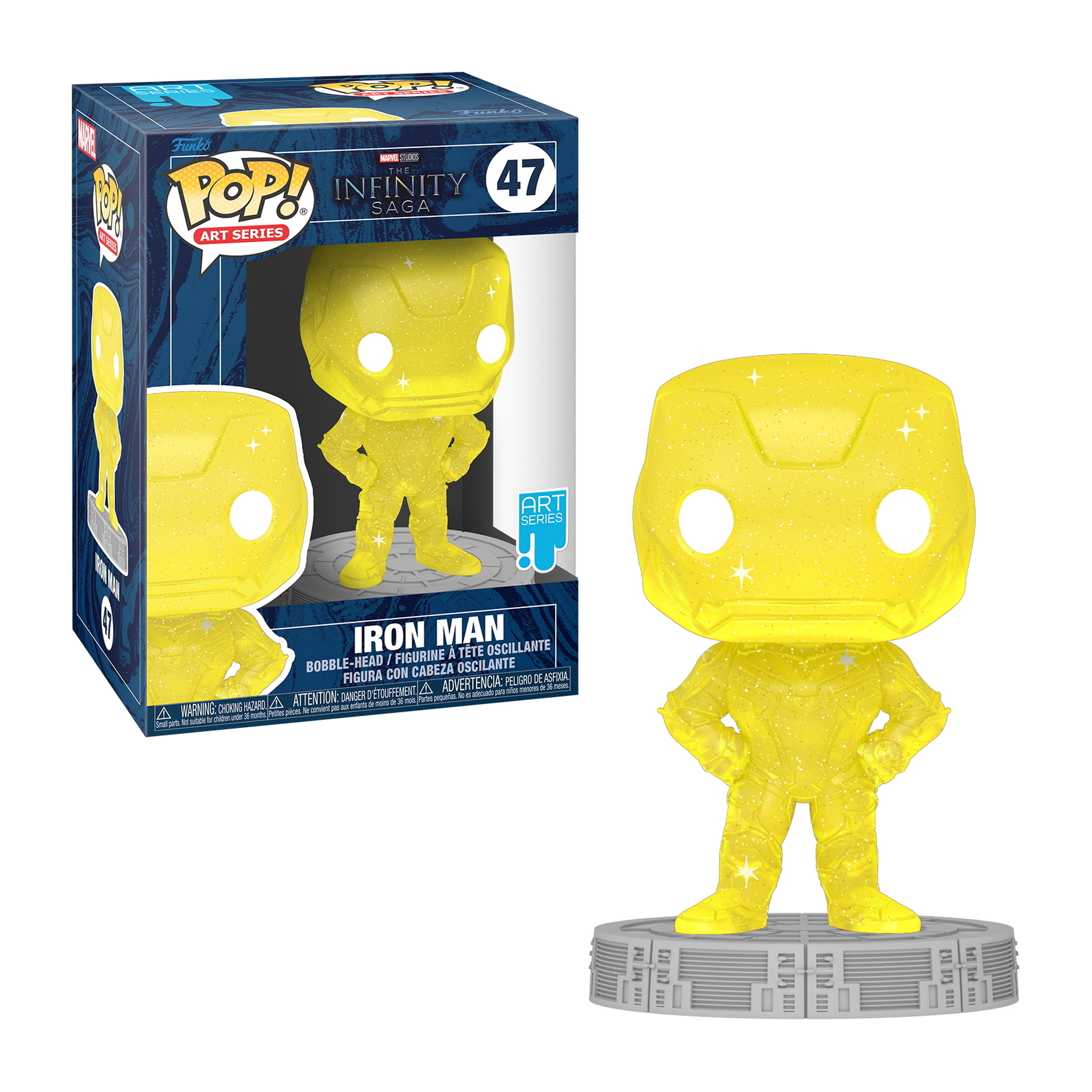 Gelbe Iron Man Funko Pop Figur in einer Box. Weißer Hintergrund. Die Figur ist glitzernd.