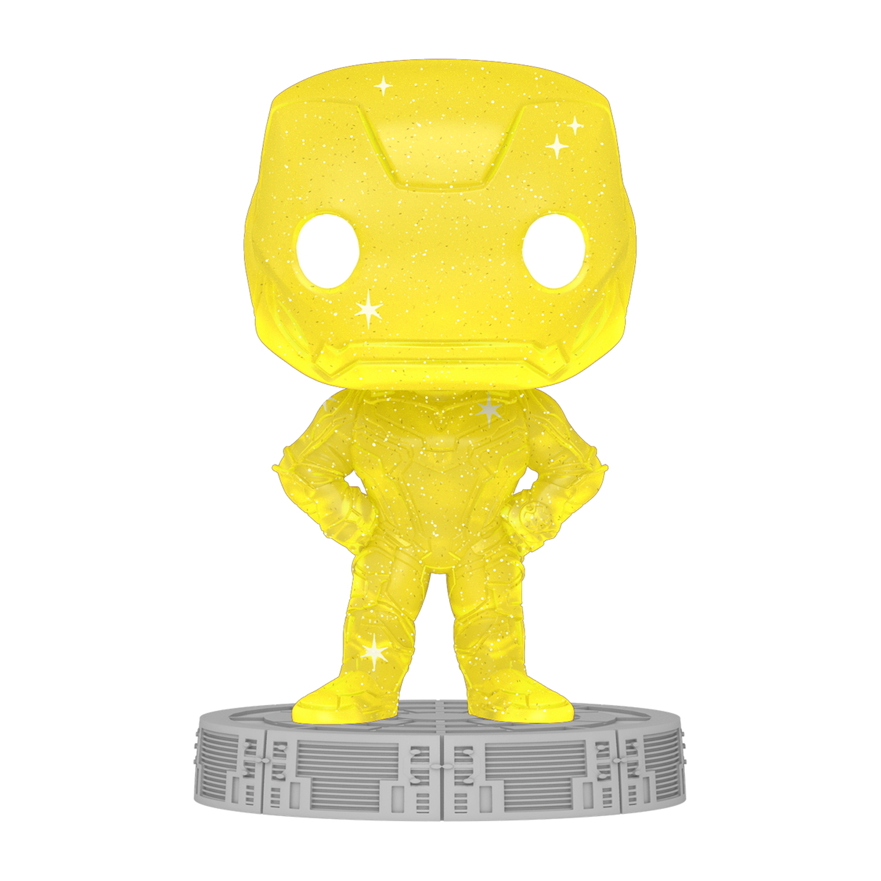 Gelbe, glitzernde Funko Pop Figur von Iron Man, stehend auf grauer Basis. Weiße Sterndetails.