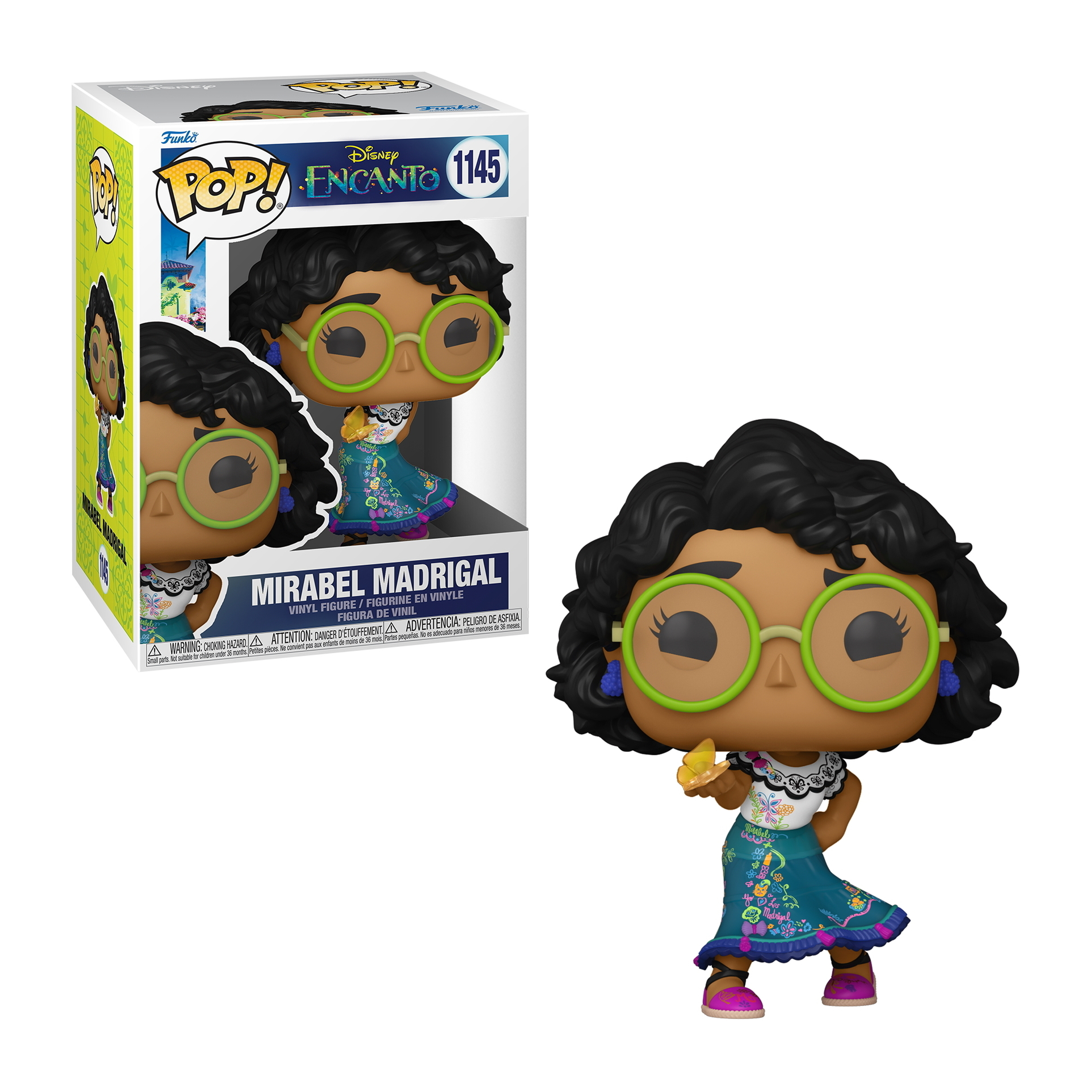 Figura Funko Pop de Mirabel Madrigal en una caja. La figura sostiene una mariposa y usa gafas.