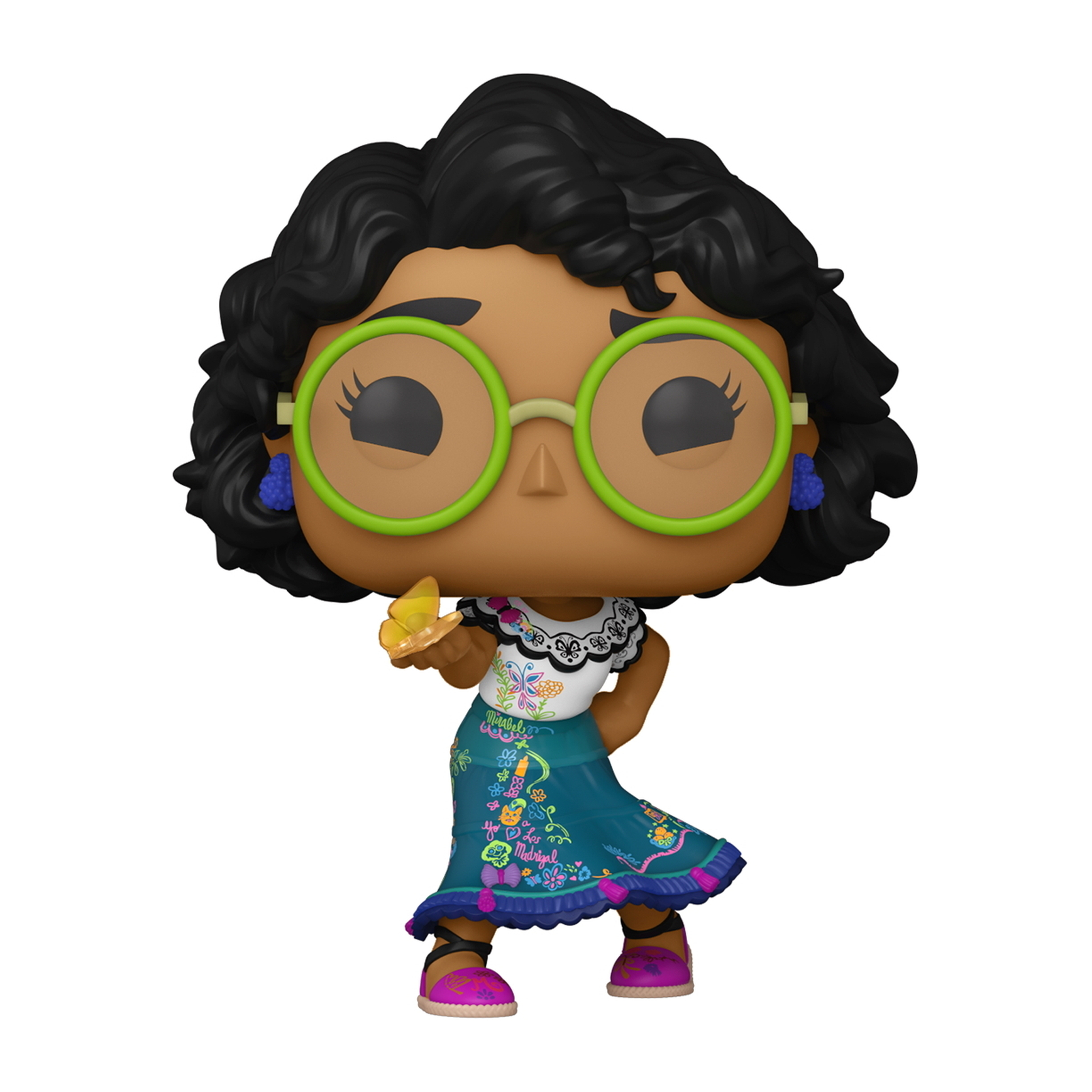 Figura Funko Pop de una mujer con vestido azul y gafas verdes sosteniendo un objeto amarillo.