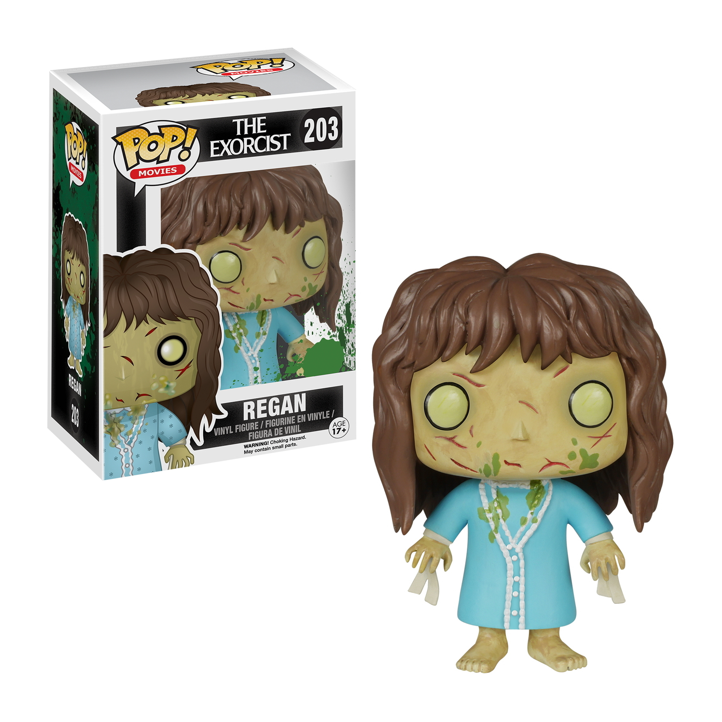 Figurka Regan Pop! z zielonymi wymiocinami. Pudełko z napisem Pop! Movies The Exorcist. Białe tło.